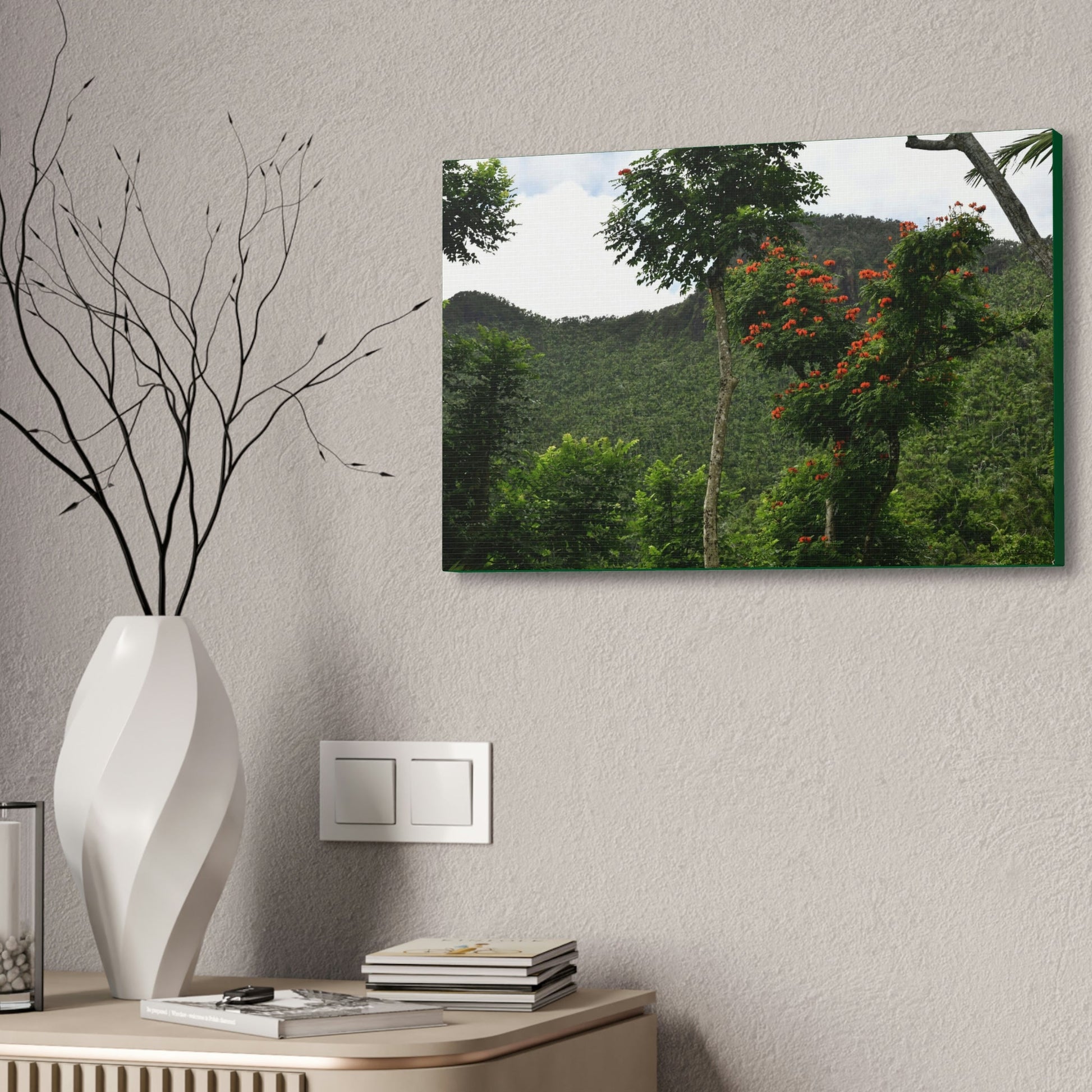 Canvas Stretched - Forest@Home - El Yunque National Forest - Recovering from Hurricane Maria - Mountains view and meaito red flowers - Green Forest Home
