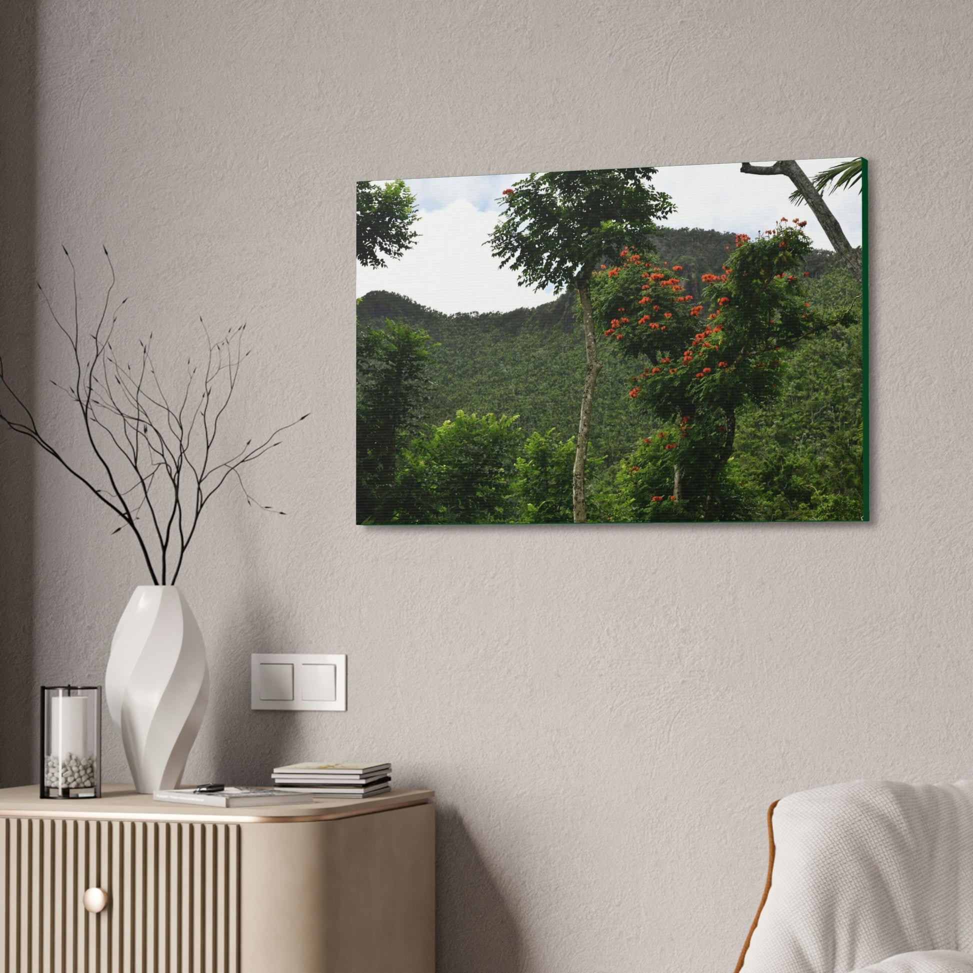 Canvas Stretched - Forest@Home - El Yunque National Forest - Recovering from Hurricane Maria - Mountains view and meaito red flowers - Green Forest Home
