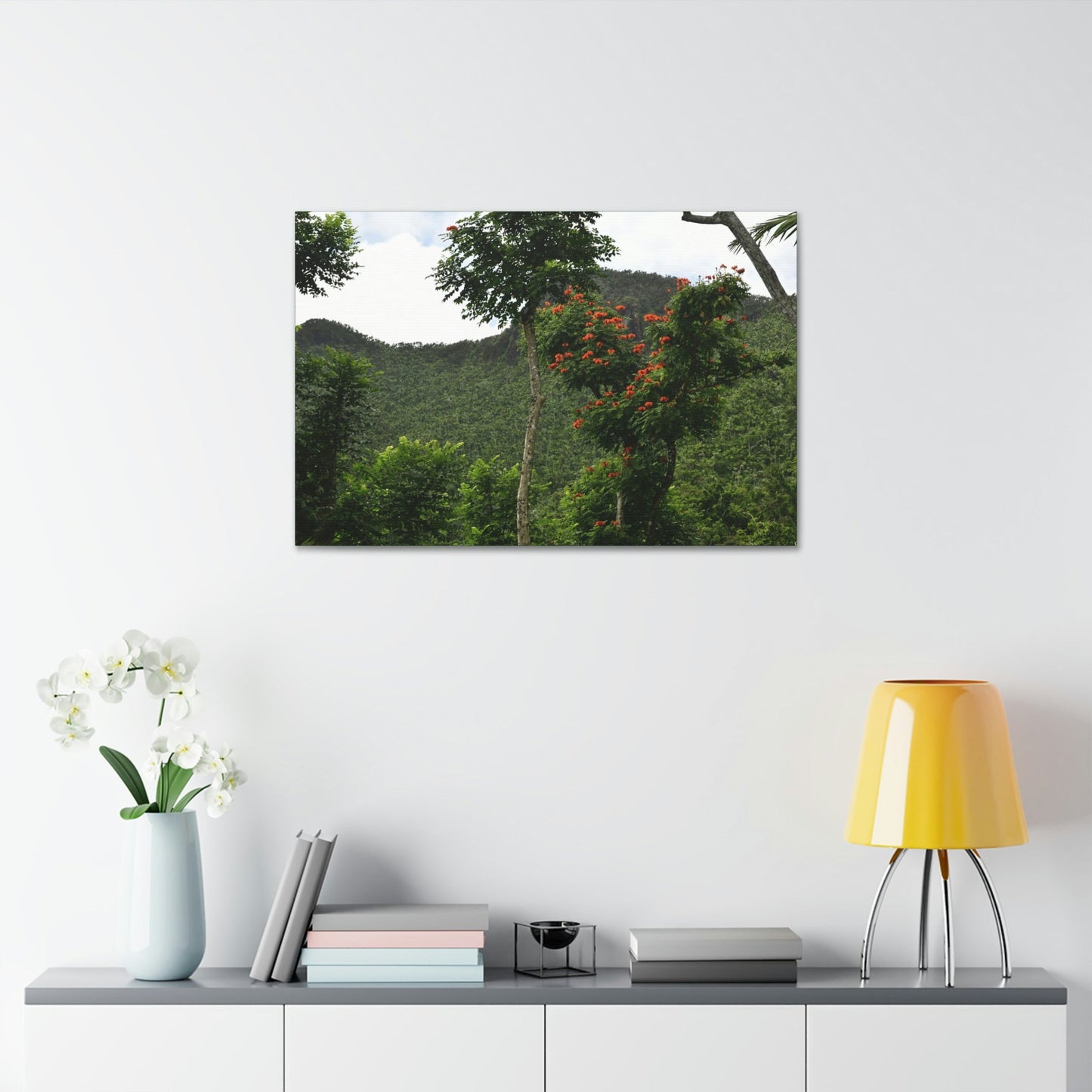 Canvas Stretched - Forest@Home - El Yunque National Forest - Recovering from Hurricane Maria - Mountains view and meaito red flowers - Green Forest Home