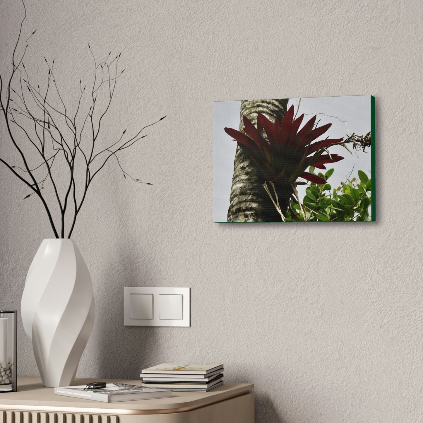 Canvas Stretched - Forest@Home - El Yunque - Recovering from Hurricane Maria - A rare red Bromeliad in a Sierra Palm - Green Forest Home