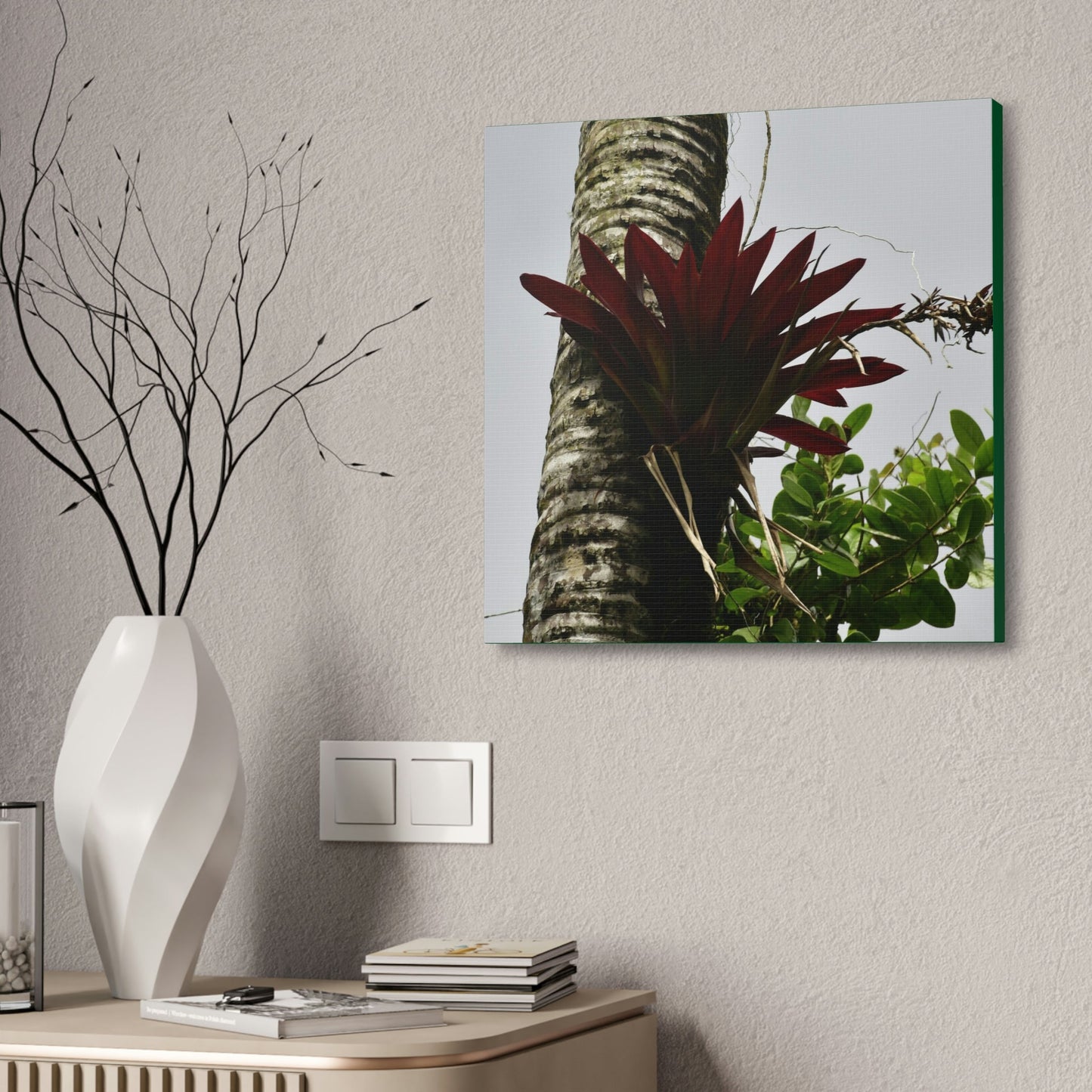 Canvas Stretched - Forest@Home - El Yunque - Recovering from Hurricane Maria - A rare red Bromeliad in a Sierra Palm - Green Forest Home