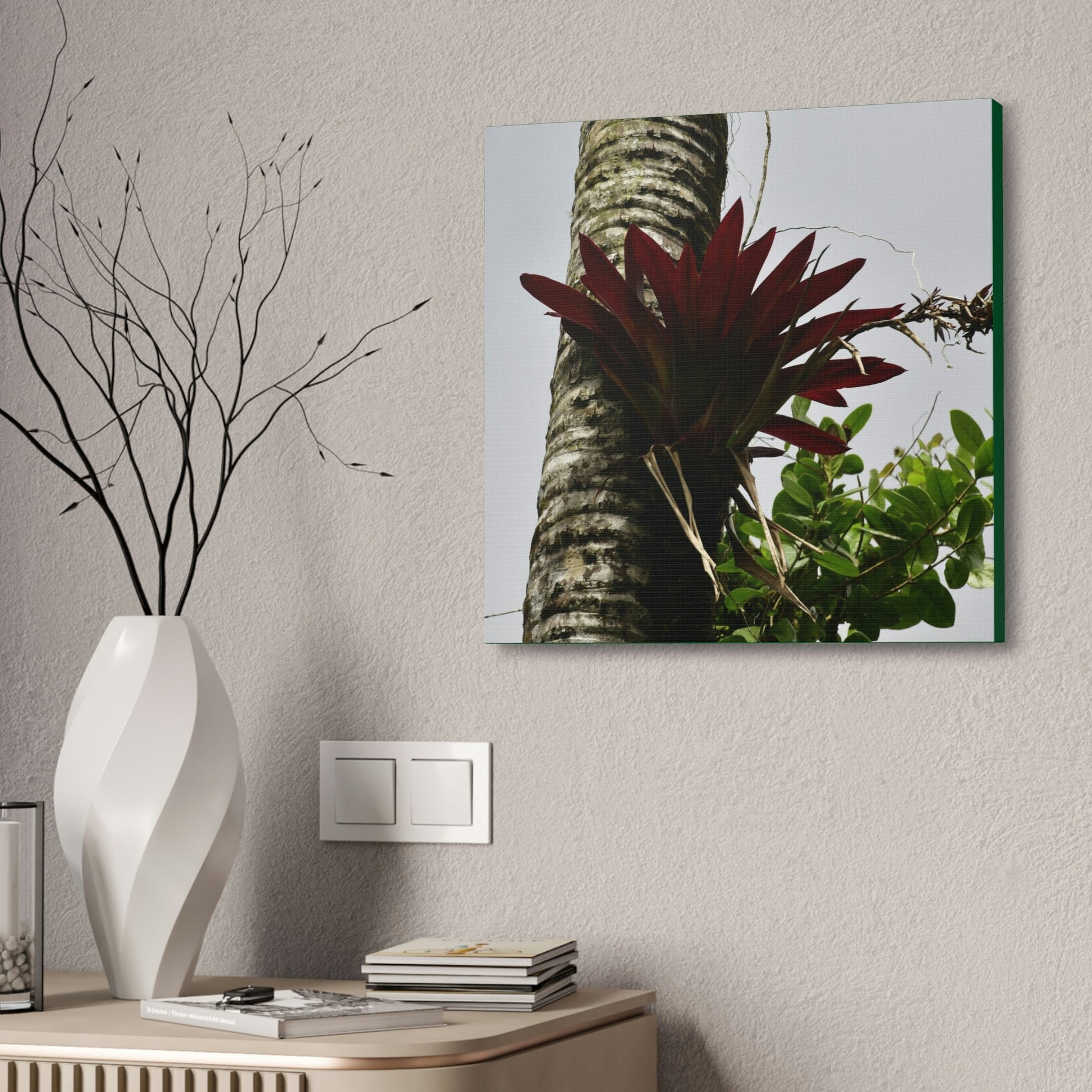 Canvas Stretched - Forest@Home - El Yunque - Recovering from Hurricane Maria - A rare red Bromeliad in a Sierra Palm - Green Forest Home