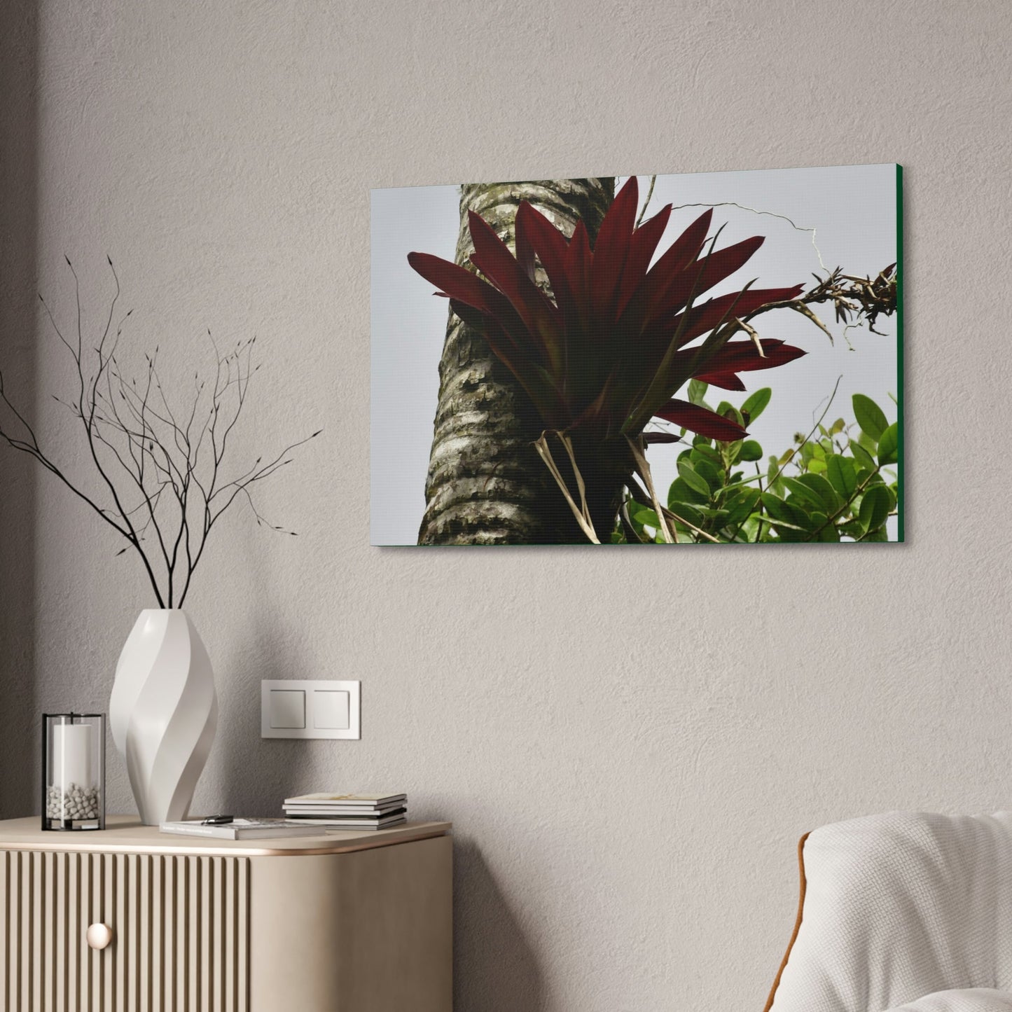 Canvas Stretched - Forest@Home - El Yunque - Recovering from Hurricane Maria - A rare red Bromeliad in a Sierra Palm - Green Forest Home