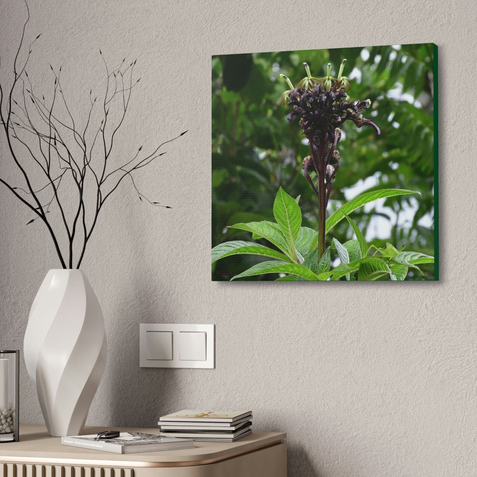 Canvas Stretched - Forest@Home - El Yunque - Recovering from Hurricane Maria - A weird flower of a plant of the forest - Green Forest Home