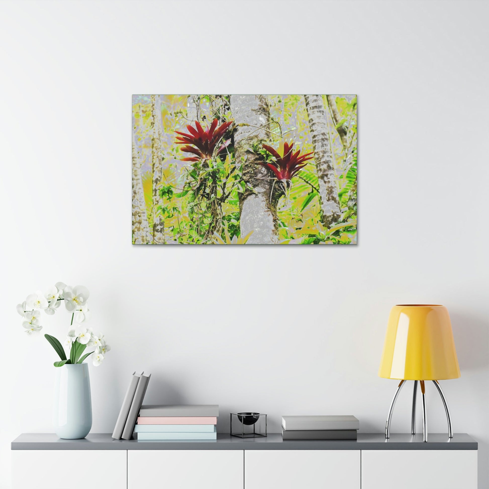 Canvas Stretched - Forest@Home - El Yunque - Recovering from Hurricane Maria - Color modified Red Bromeliads in a Sierra Palm forest - Green Forest Home