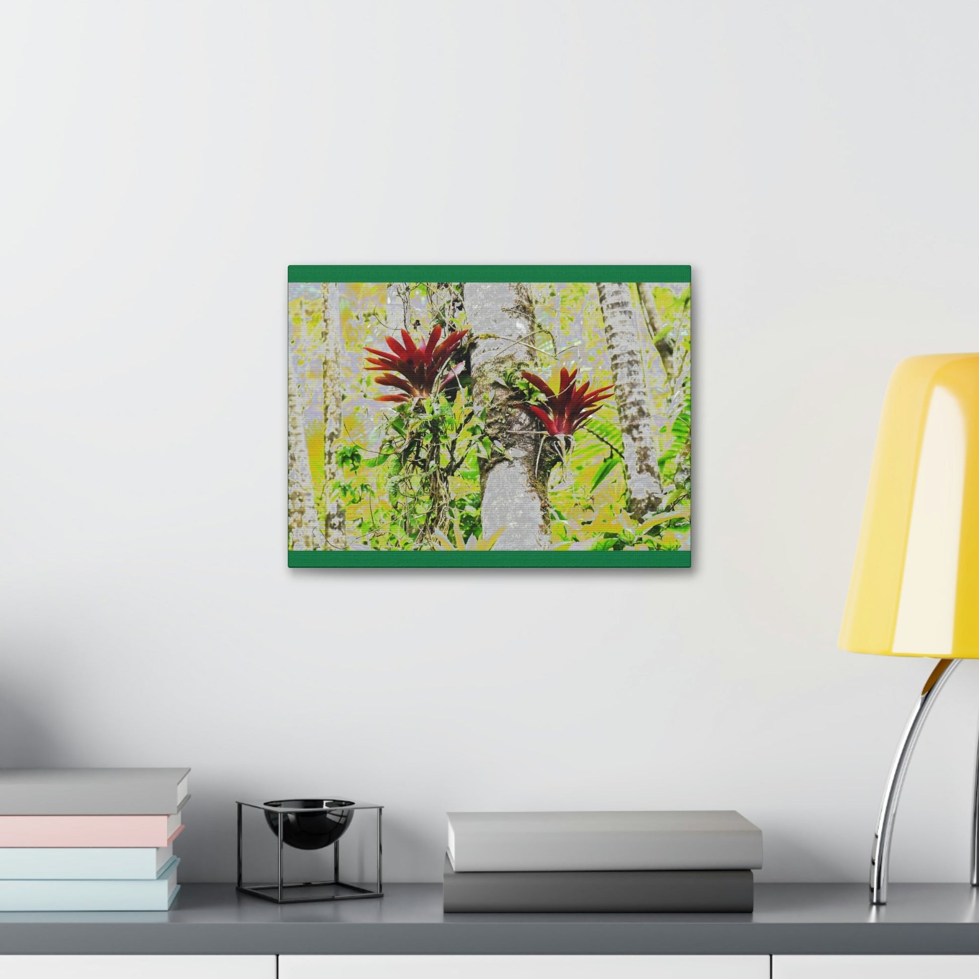 Canvas Stretched - Forest@Home - El Yunque - Recovering from Hurricane Maria - Color modified Red Bromeliads in a Sierra Palm forest - Green Forest Home