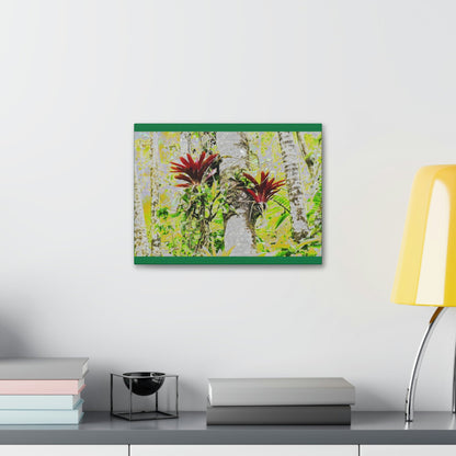 Canvas Stretched - Forest@Home - El Yunque - Recovering from Hurricane Maria - Color modified Red Bromeliads in a Sierra Palm forest - Green Forest Home