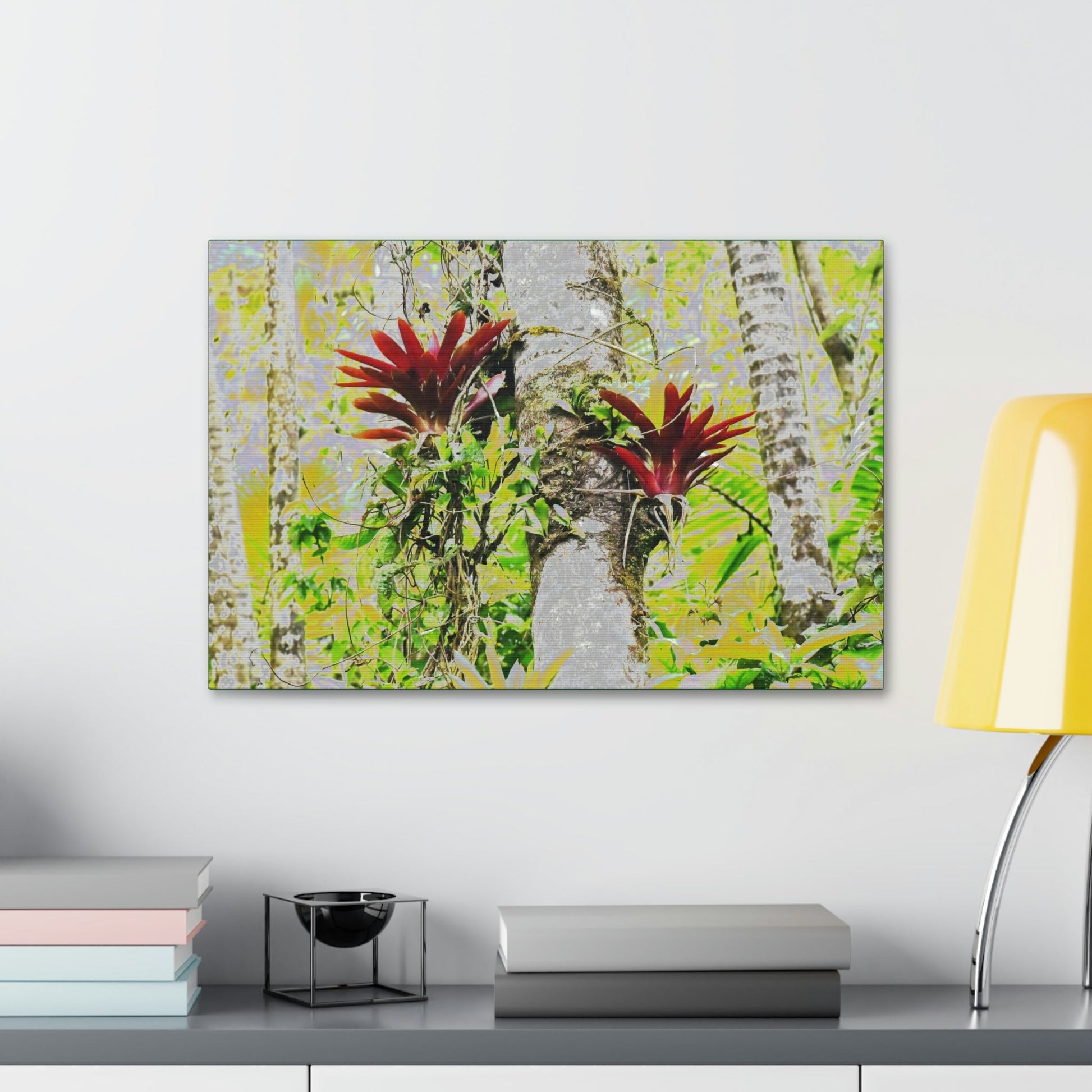 Canvas Stretched - Forest@Home - El Yunque - Recovering from Hurricane Maria - Color modified Red Bromeliads in a Sierra Palm forest - Green Forest Home