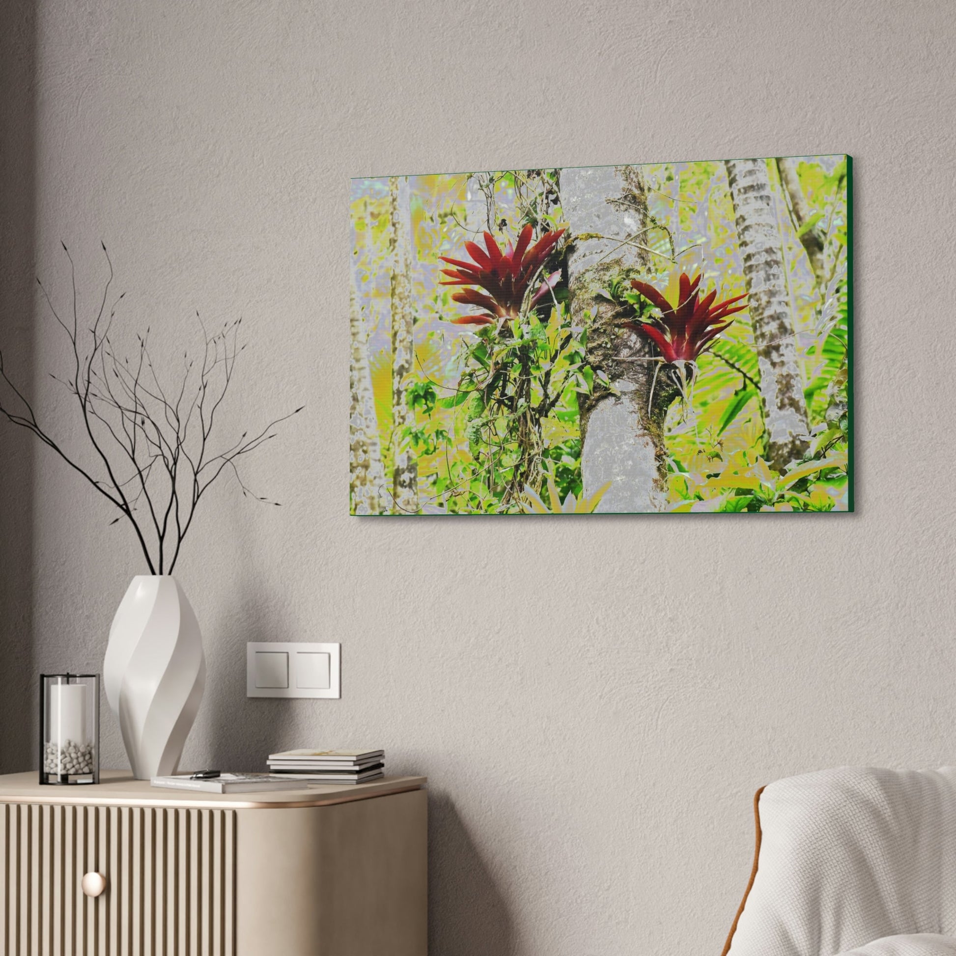 Canvas Stretched - Forest@Home - El Yunque - Recovering from Hurricane Maria - Color modified Red Bromeliads in a Sierra Palm forest - Green Forest Home