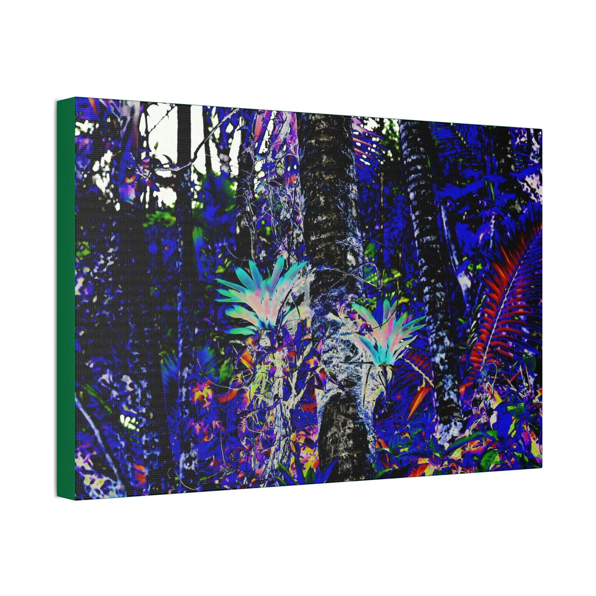 Canvas Stretched - Forest@Home - El Yunque - Recovering from Hurricane Maria - Color modified view turns Bromeliads blue in a dark forest - Green Forest Home
