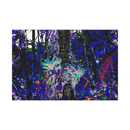 Canvas Stretched - Forest@Home - El Yunque - Recovering from Hurricane Maria - Color modified view turns Bromeliads blue in a dark forest - Green Forest Home