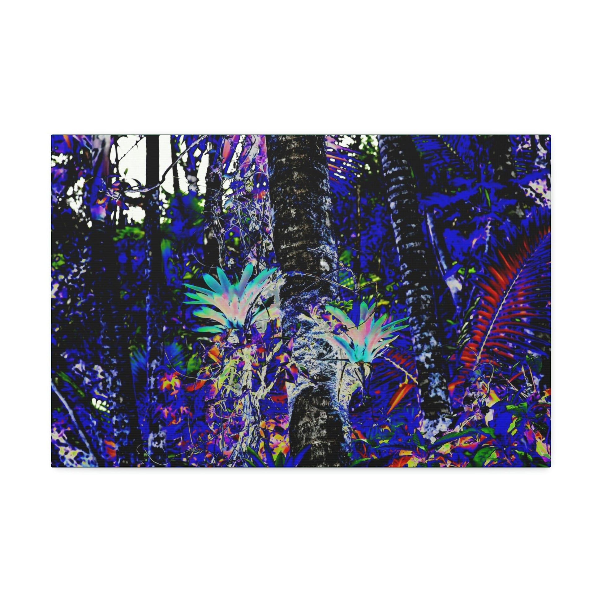 Canvas Stretched - Forest@Home - El Yunque - Recovering from Hurricane Maria - Color modified view turns Bromeliads blue in a dark forest - Green Forest Home