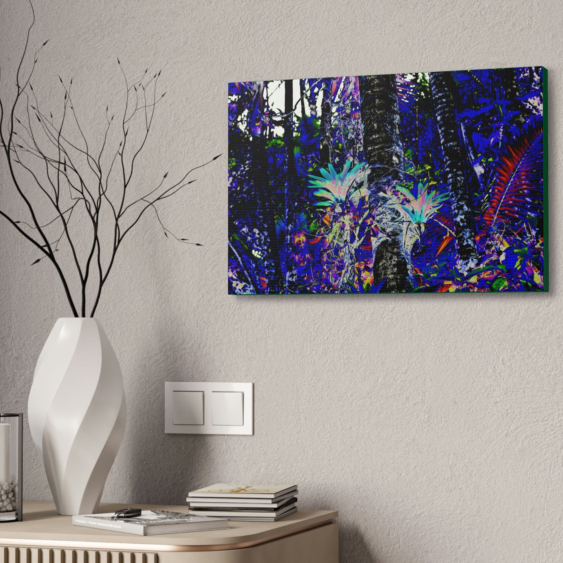 Canvas Stretched - Forest@Home - El Yunque - Recovering from Hurricane Maria - Color modified view turns Bromeliads blue in a dark forest - Green Forest Home