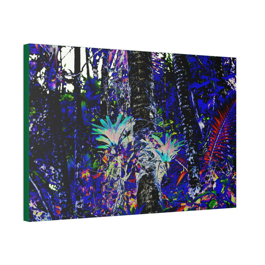 Canvas Stretched - Forest@Home - El Yunque - Recovering from Hurricane Maria - Color modified view turns Bromeliads blue in a dark forest - Green Forest Home