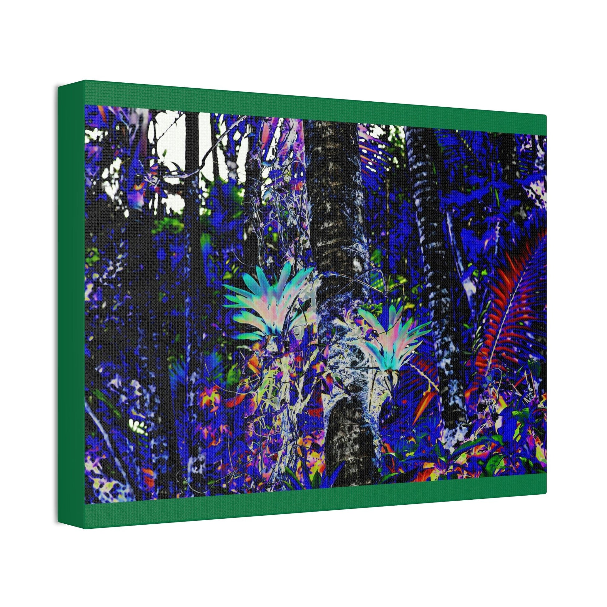 Canvas Stretched - Forest@Home - El Yunque - Recovering from Hurricane Maria - Color modified view turns Bromeliads blue in a dark forest - Green Forest Home