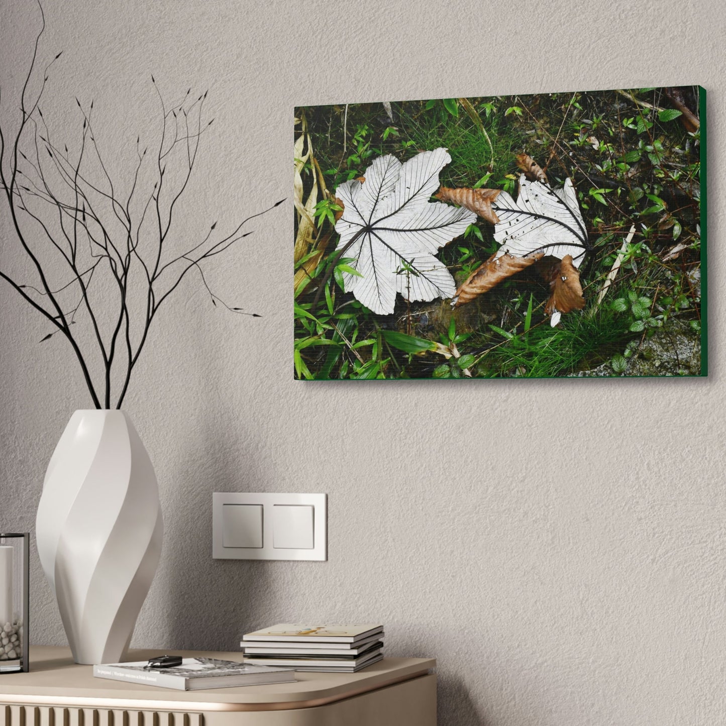 Canvas Stretched - Forest@Home - El Yunque - Recovering from Hurricane Maria - Fallen pair of Yagrumo leafs - Tradewinds - Green Forest Home
