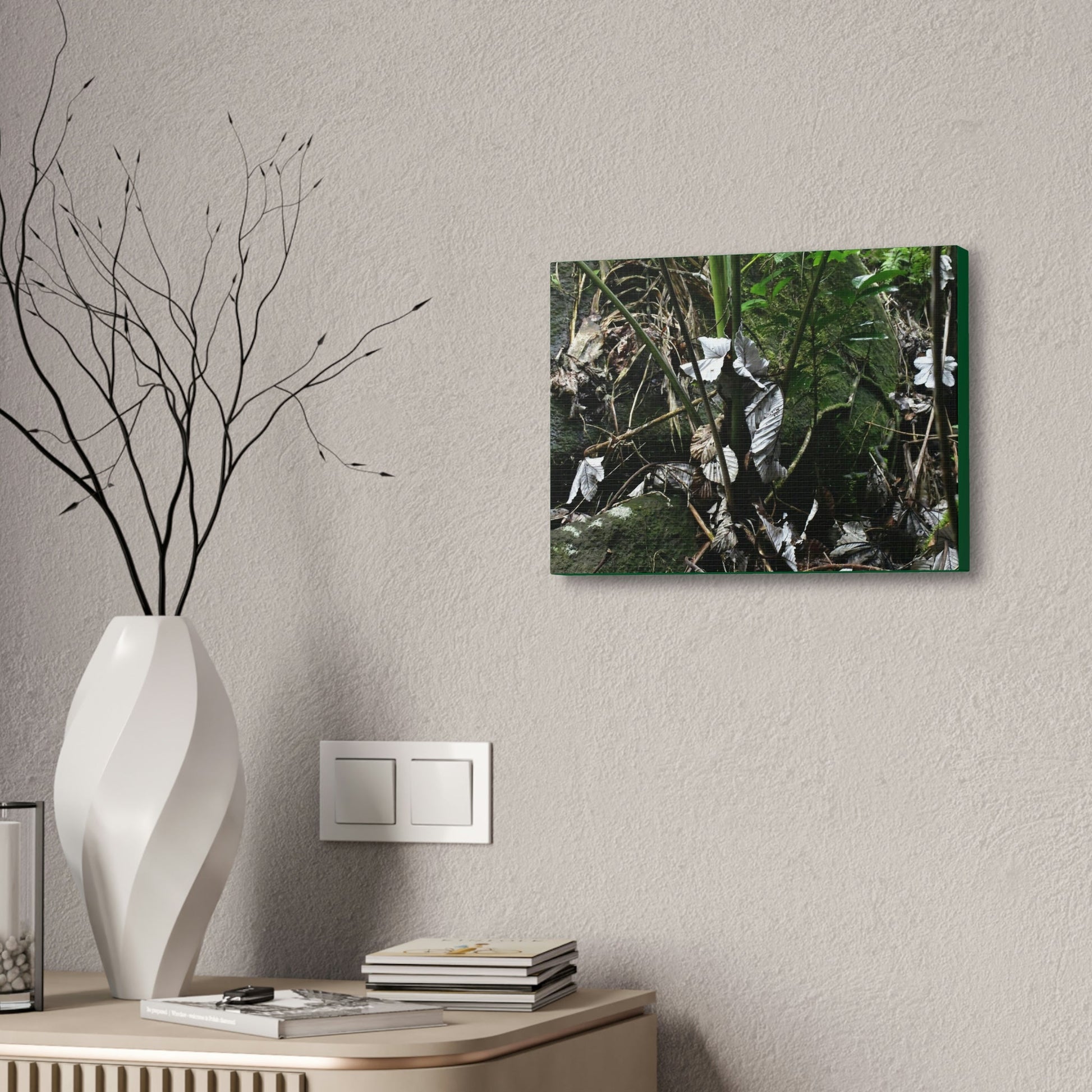 Canvas Stretched - Forest@Home - El Yunque - Recovering from Hurricane Maria - Fallen Yagrumo leaf in palm tree - Tradewinds - Green Forest Home