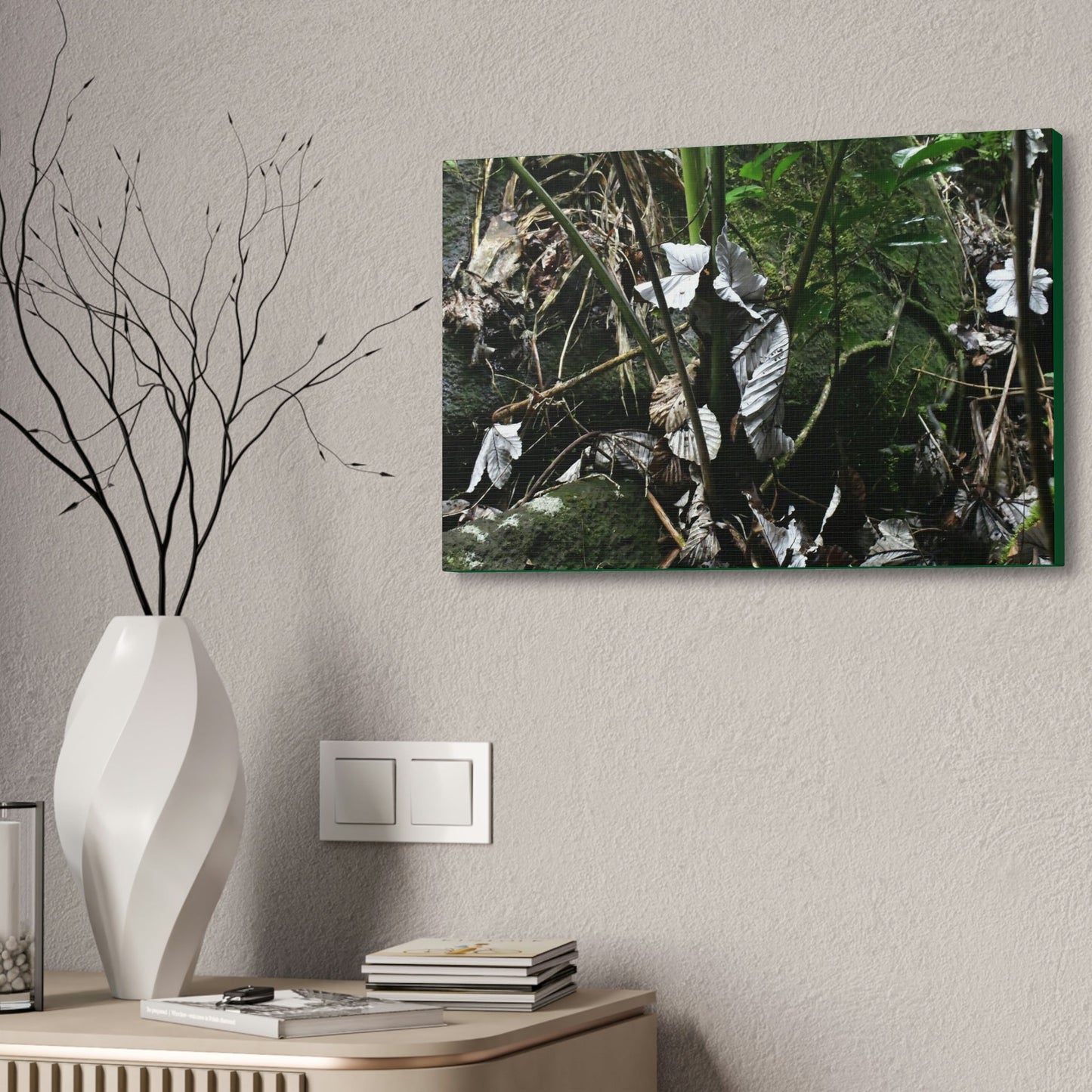 Canvas Stretched - Forest@Home - El Yunque - Recovering from Hurricane Maria - Fallen Yagrumo leaf in palm tree - Tradewinds - Green Forest Home