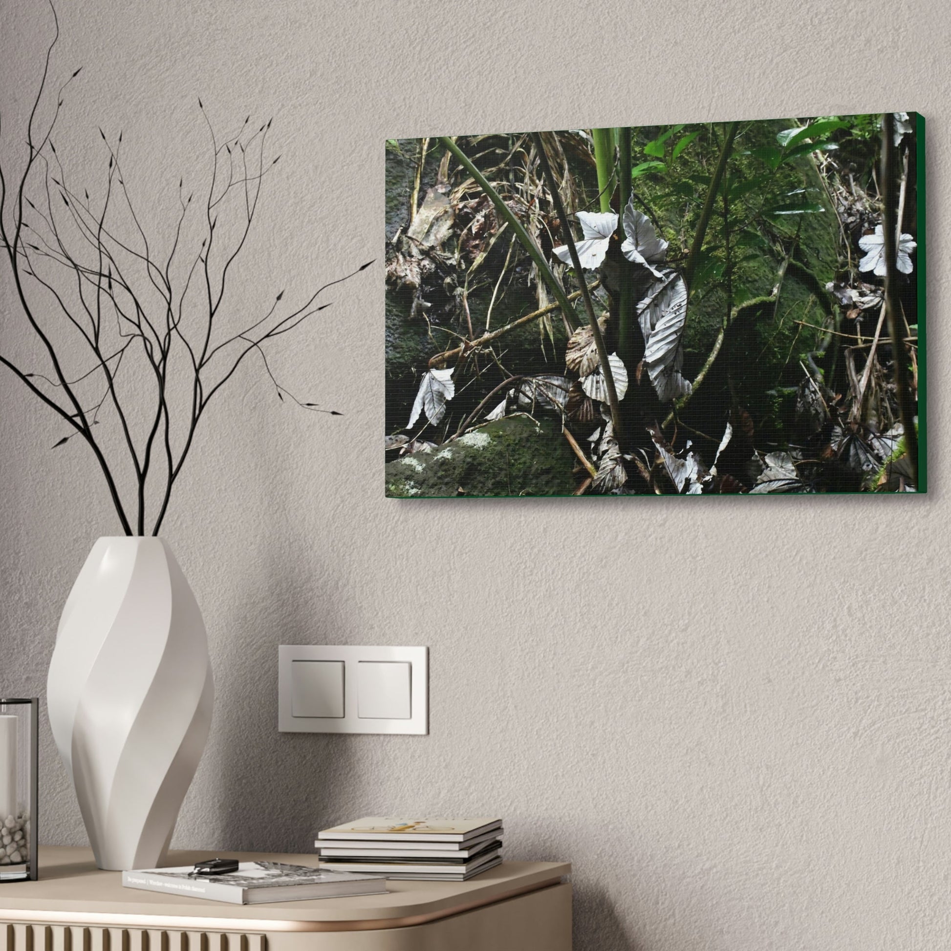 Canvas Stretched - Forest@Home - El Yunque - Recovering from Hurricane Maria - Fallen Yagrumo leaf in palm tree - Tradewinds - Green Forest Home