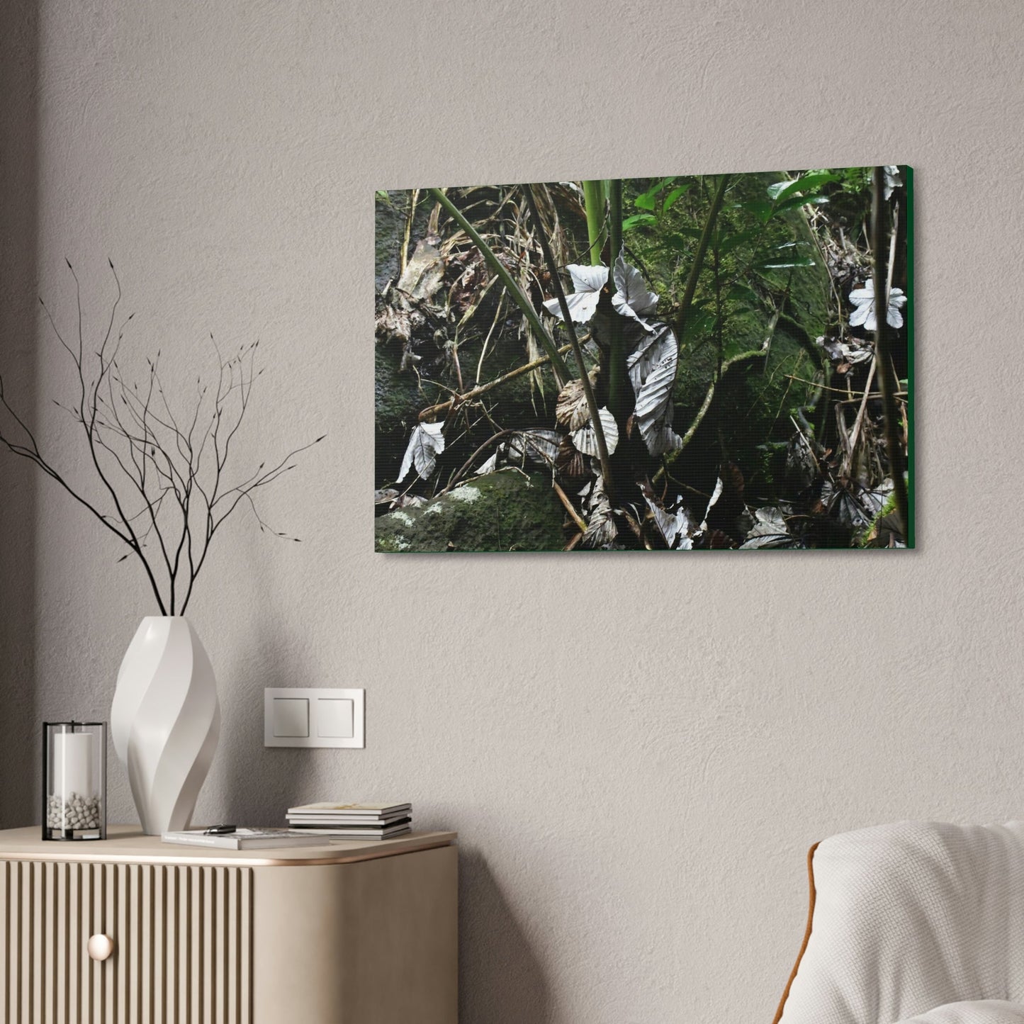 Canvas Stretched - Forest@Home - El Yunque - Recovering from Hurricane Maria - Fallen Yagrumo leaf in palm tree - Tradewinds - Green Forest Home