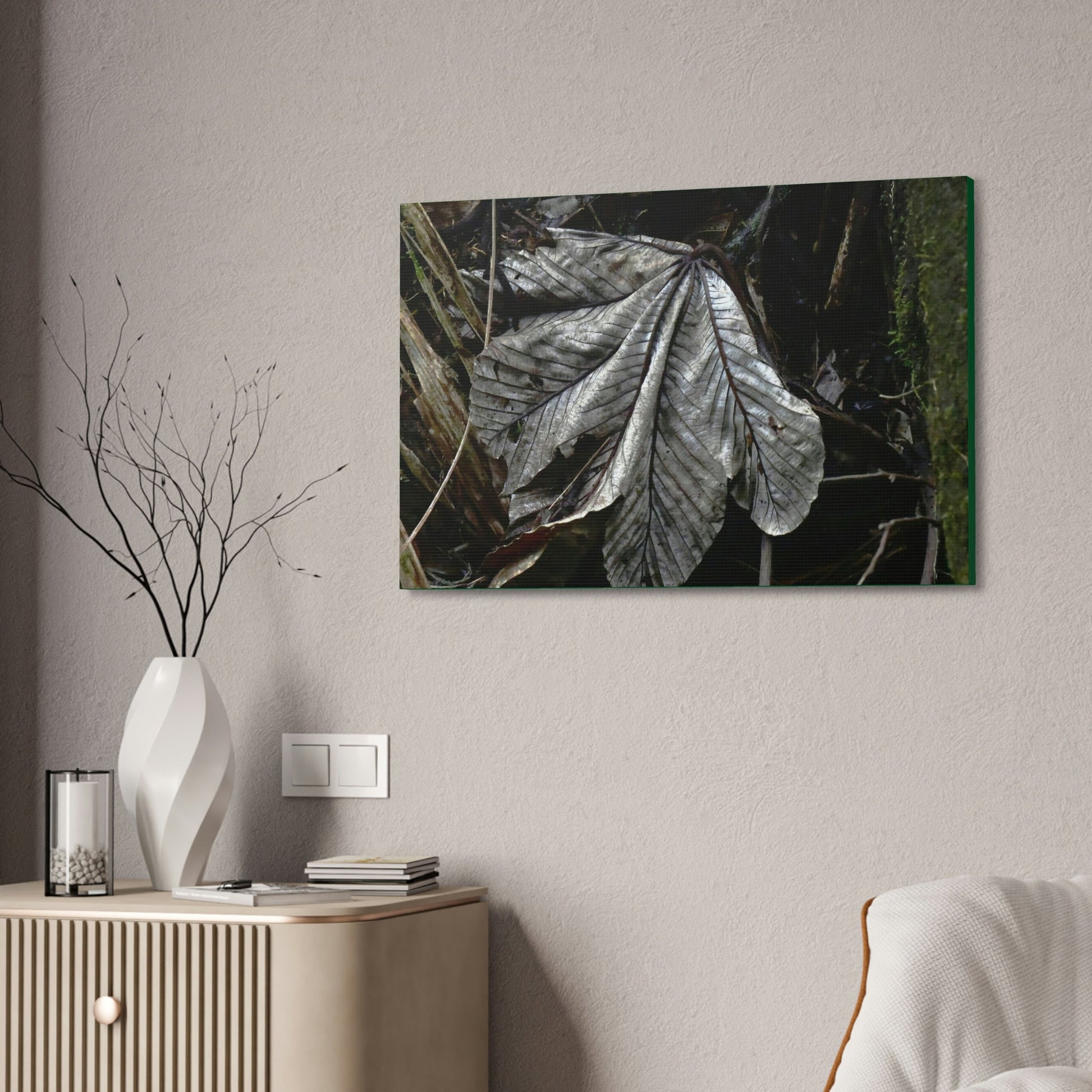 Canvas Stretched - Forest@Home - El Yunque - Recovering from Hurricane Maria - Fallen Yagrumo leaf in Tradewinds - Green Forest Home