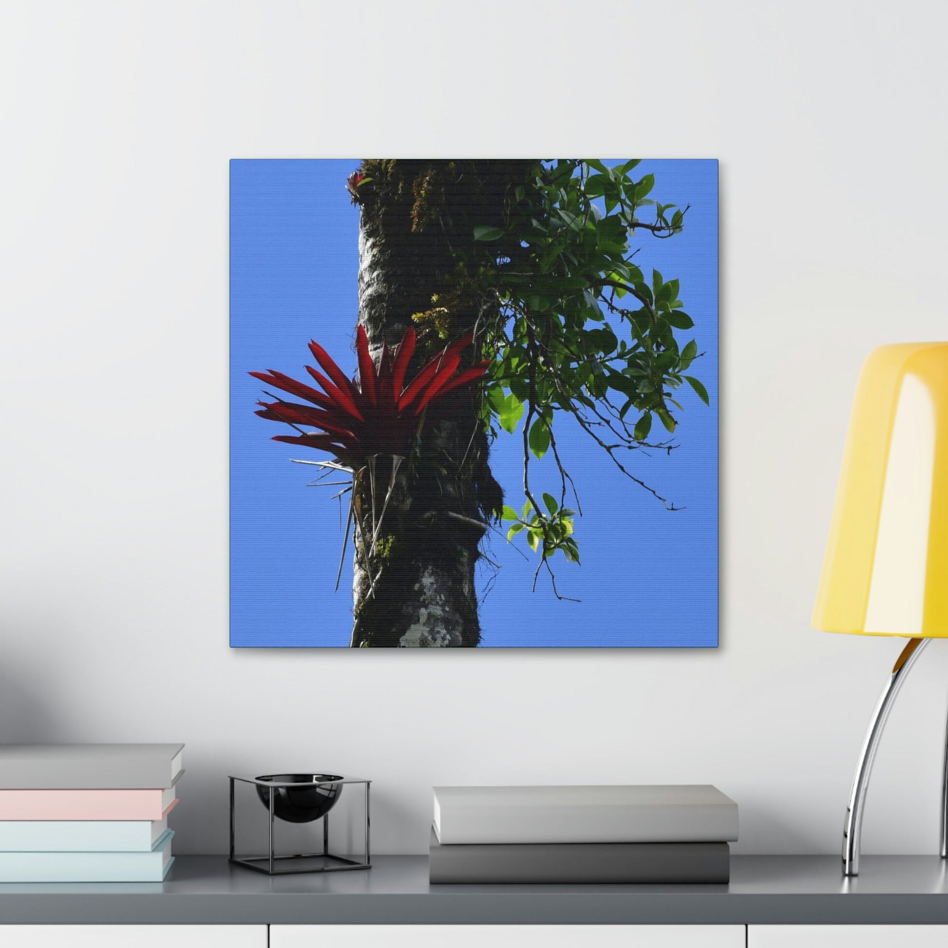 Canvas Stretched - Forest@Home - El Yunque - Recovering from Hurricane Maria - Rare Red Bromeliad (air plant) in a Sierra Palm - Green Forest Home
