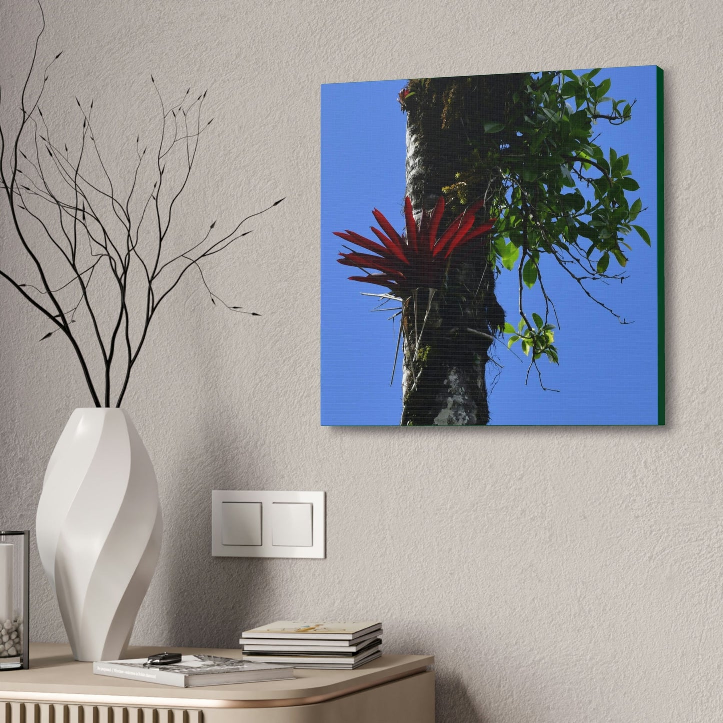 Canvas Stretched - Forest@Home - El Yunque - Recovering from Hurricane Maria - Rare Red Bromeliad (air plant) in a Sierra Palm - Green Forest Home