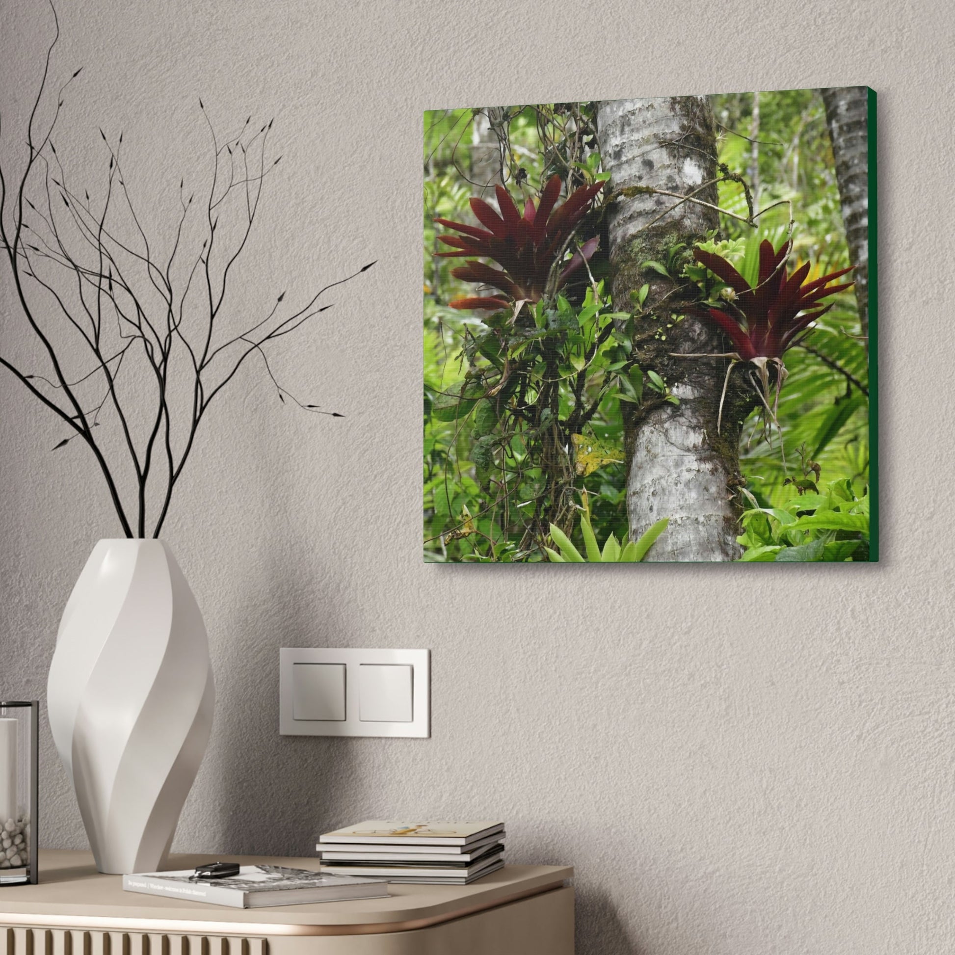 Canvas Stretched - Forest@Home - El Yunque - Recovering from Hurricane Maria - Red Bromeliads (air plants) in a Sierra Palm forest - Green Forest Home