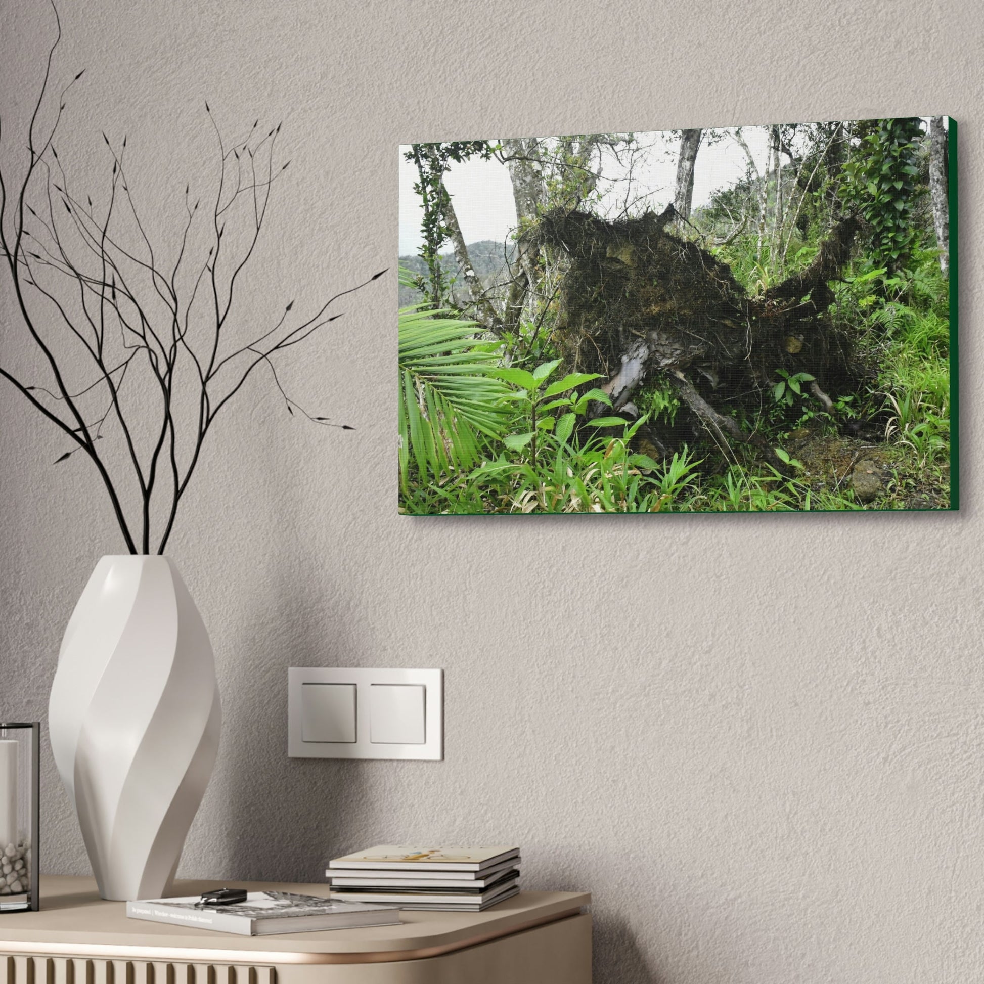 Canvas Stretched - Forest@Home - El Yunque - Recovering from Hurricane Maria - Tree Trunk/roots ripped from the earth by Maria - Tradewinds - Green Forest Home
