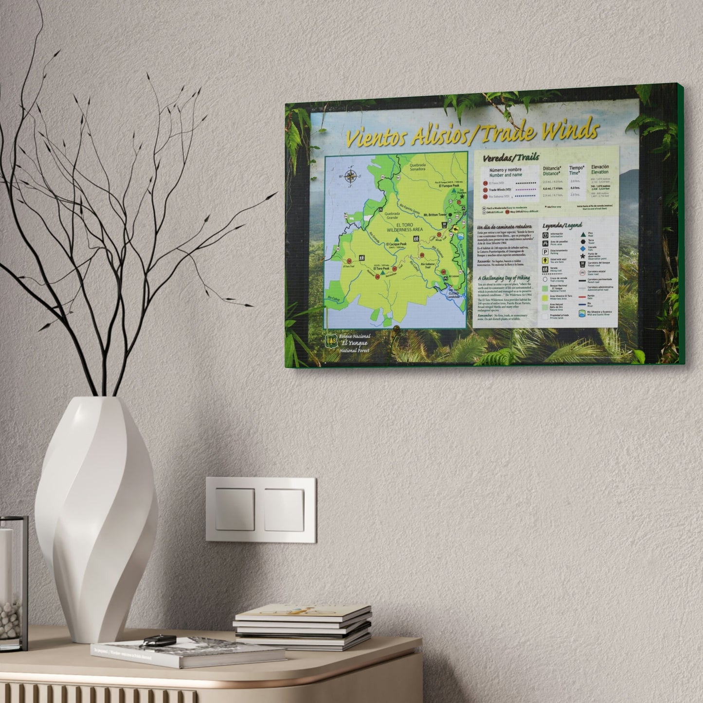 Canvas Stretched - Forest@Home - El Yunque - Sign with trails map on entrance of Tradewinds Trail - on PR 191 after the closed gate - Green Forest Home