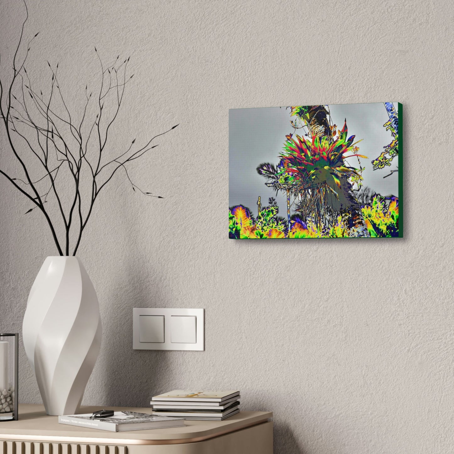 Canvas Stretched - Forest@Home - El Yunque - Stunning colors is a Bromeliad (air plant) in a Sierra Palm trunk - Green Forest Home