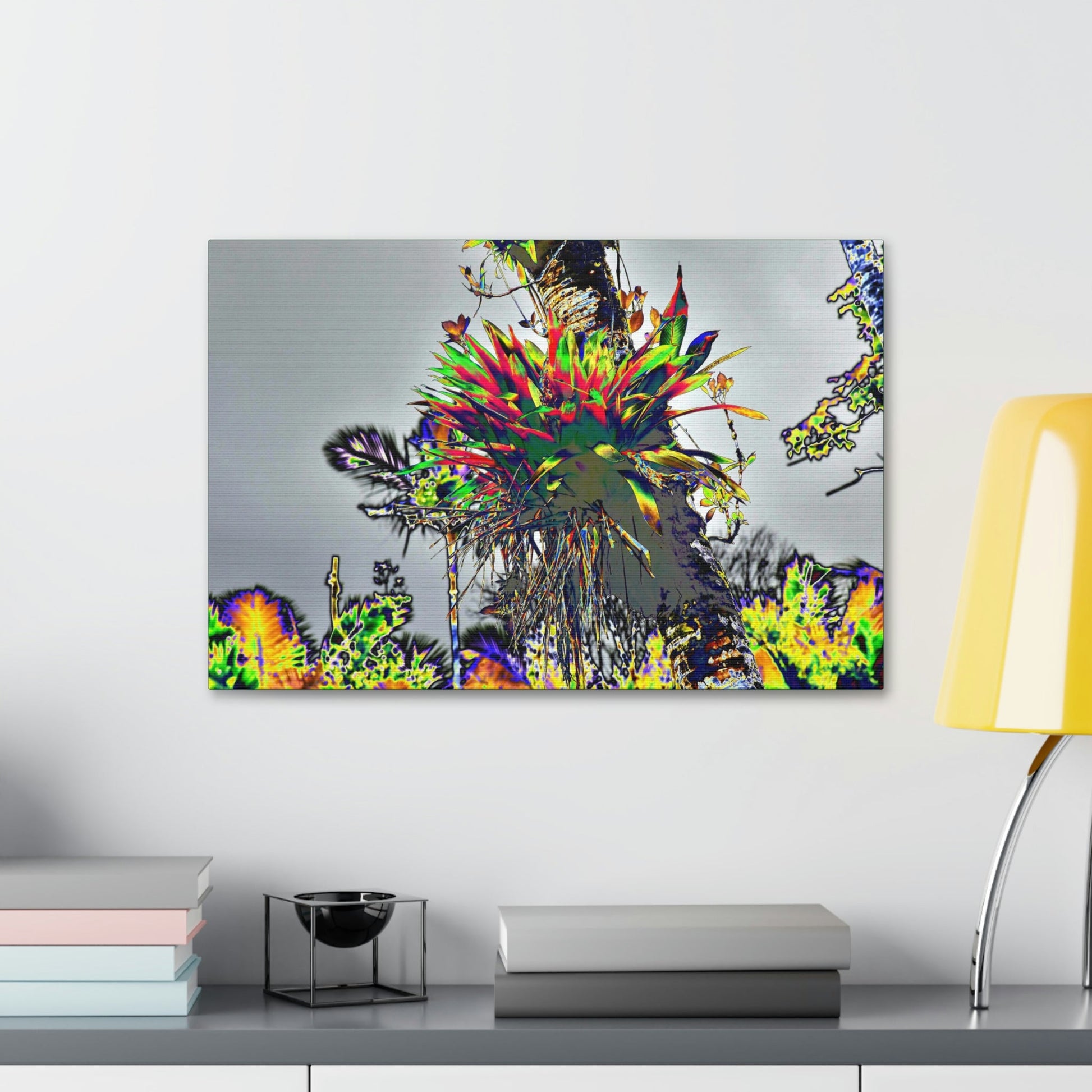 Canvas Stretched - Forest@Home - El Yunque - Stunning colors is a Bromeliad (air plant) in a Sierra Palm trunk - Green Forest Home