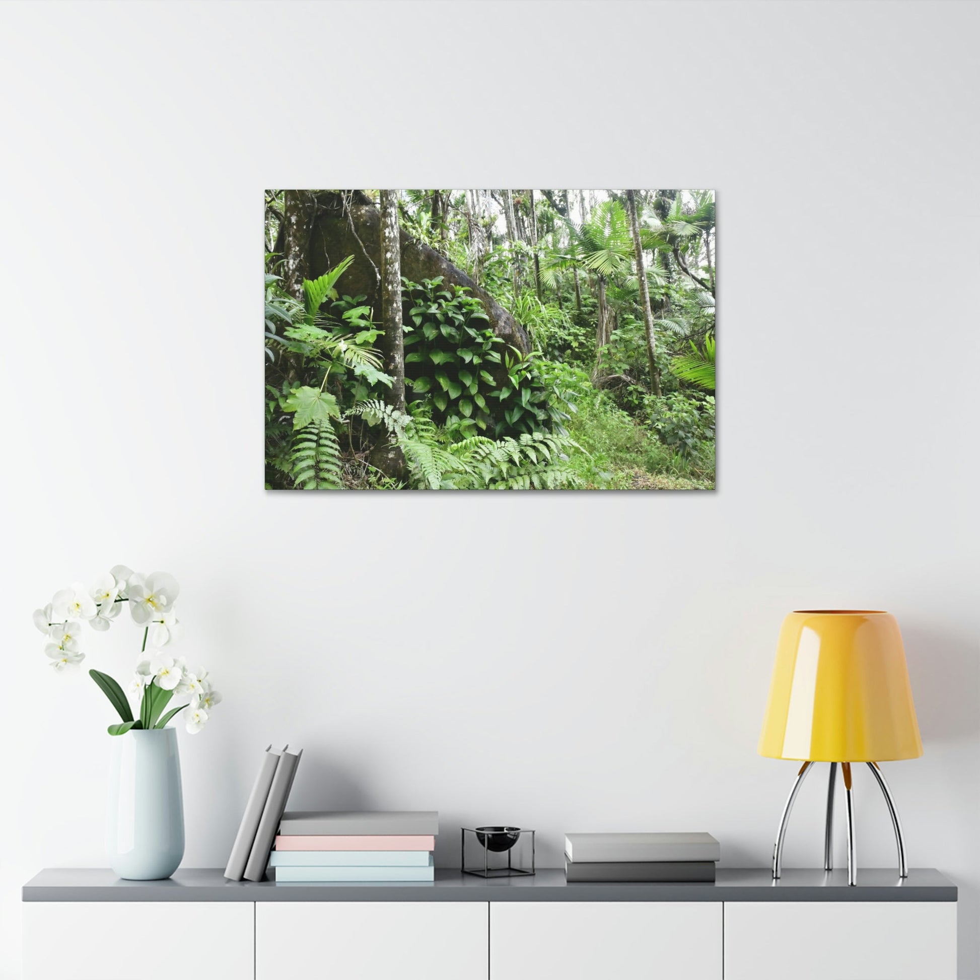 Canvas Stretched - Forest@Home - El Yunque - With 200 inches of rain/year it supports 250 tree species - boulder in Tradewinds trail - Green Forest Home