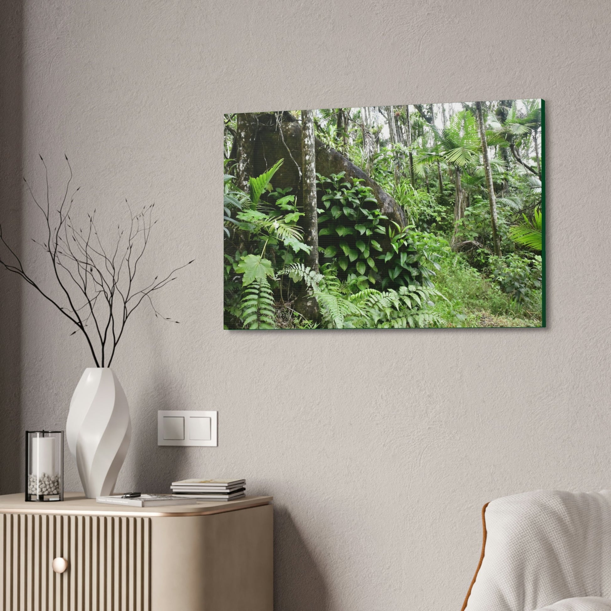 Canvas Stretched - Forest@Home - El Yunque - With 200 inches of rain/year it supports 250 tree species - boulder in Tradewinds trail - Green Forest Home