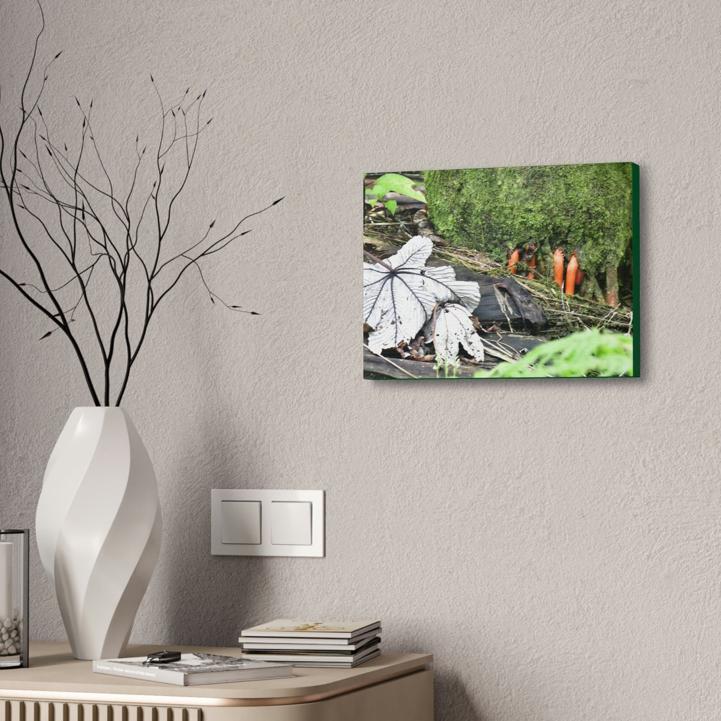 Canvas Stretched - Forest@Home - El Yunque - Yagrumo leaf near palm tree orange roots - Tradewinds - Green Forest Home