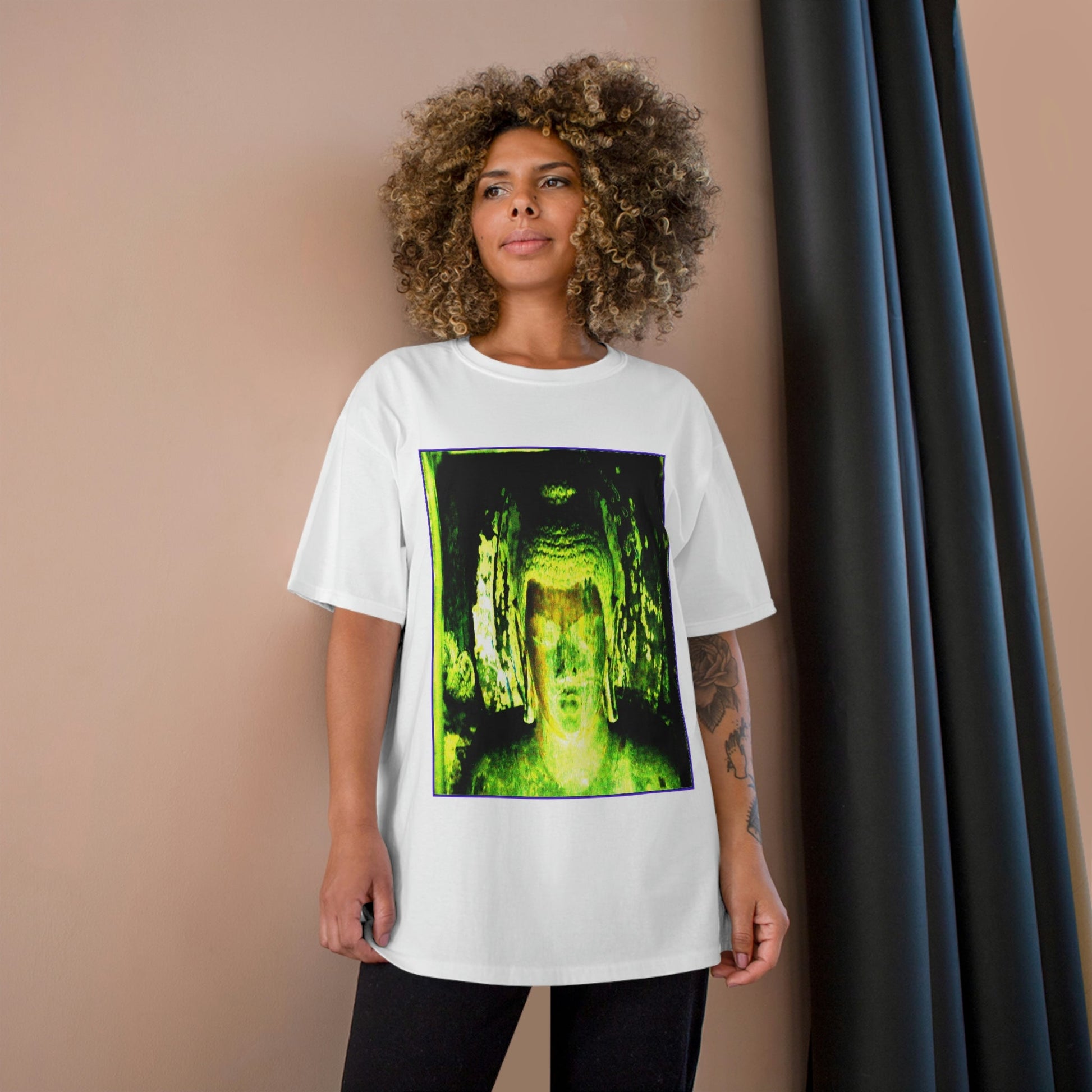 Champion T-Shirt - Buddha in deep contemplation - Ajanta caves inner chamber - India - Green Forest Home