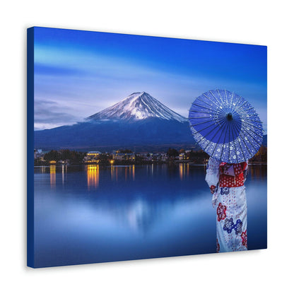 Classic Canvas - Woman wearing Japanese traditional kimono at Fuji mountain, Kawaguchiko lake in Japan - Multiple sizes - blue sides - great quality - Green Forest Home