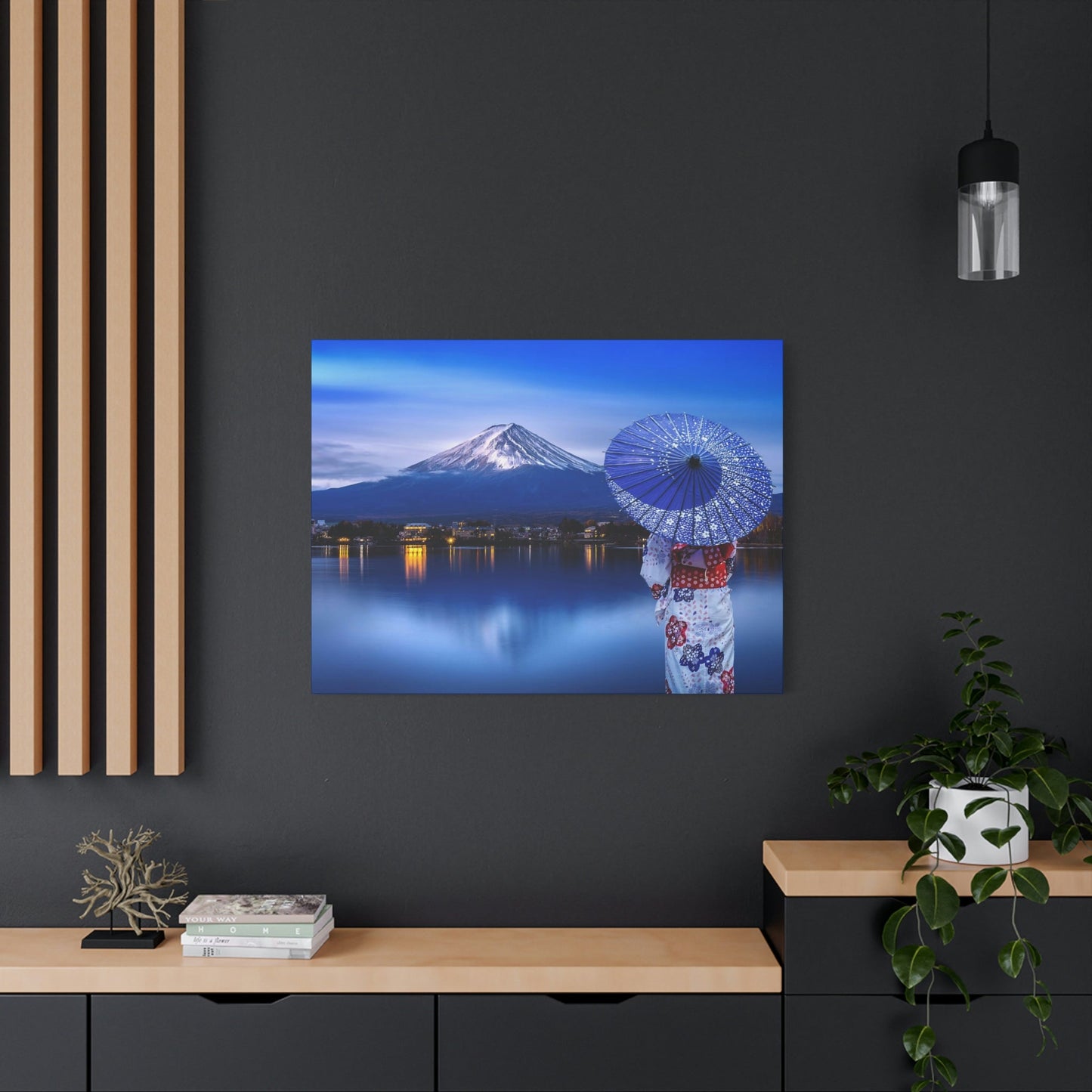 Classic Canvas - Woman wearing Japanese traditional kimono at Fuji mountain, Kawaguchiko lake in Japan - Multiple sizes - blue sides - great quality - Green Forest Home