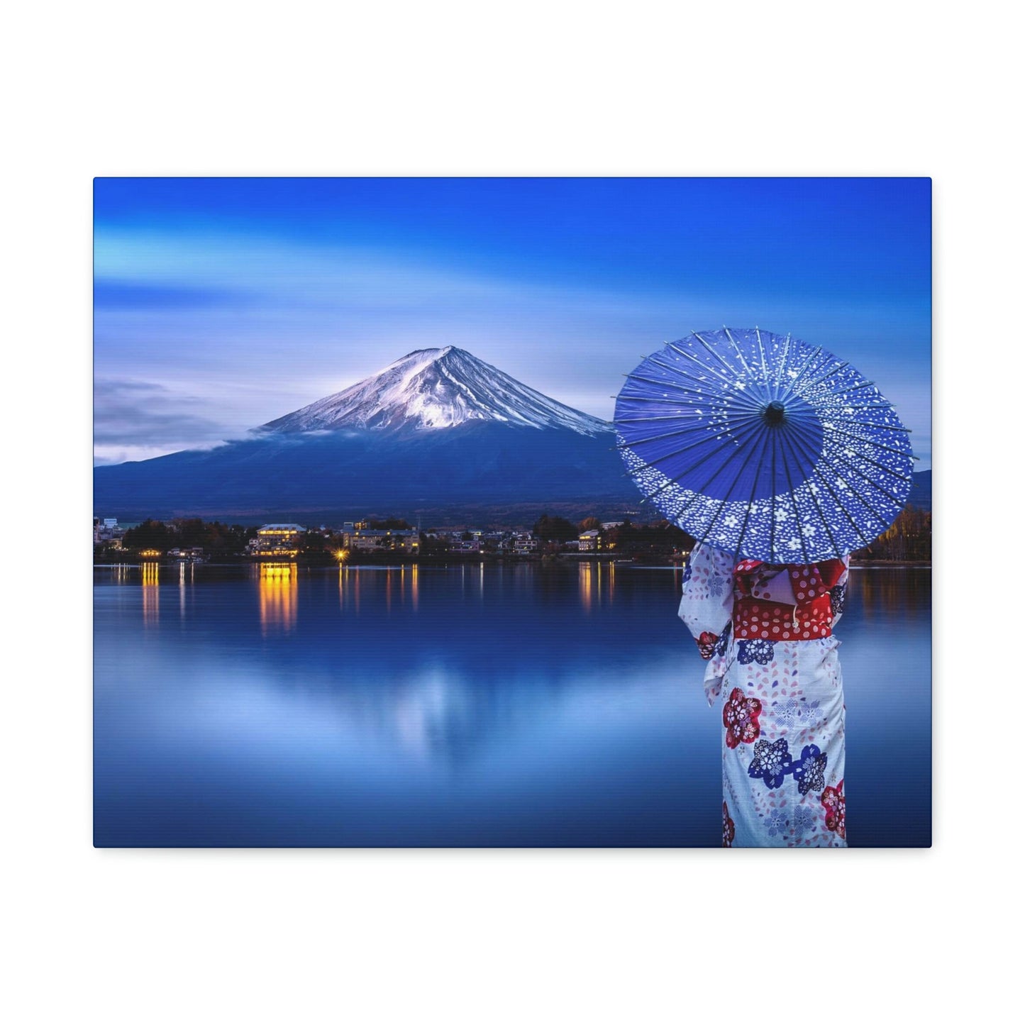 Classic Canvas - Woman wearing Japanese traditional kimono at Fuji mountain, Kawaguchiko lake in Japan - Multiple sizes - blue sides - great quality - Green Forest Home