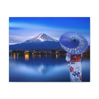 Classic Canvas - Woman wearing Japanese traditional kimono at Fuji mountain, Kawaguchiko lake in Japan - Multiple sizes - blue sides - great quality - Green Forest Home
