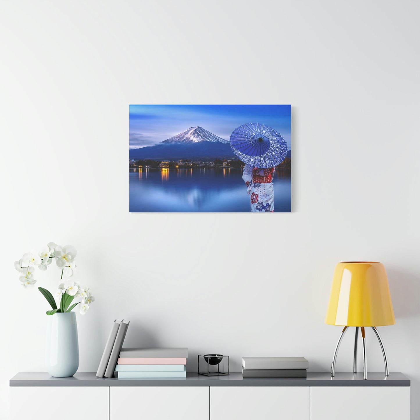 Classic Canvas - Woman wearing Japanese traditional kimono at Fuji mountain, Kawaguchiko lake in Japan - Multiple sizes - blue sides - great quality - Green Forest Home