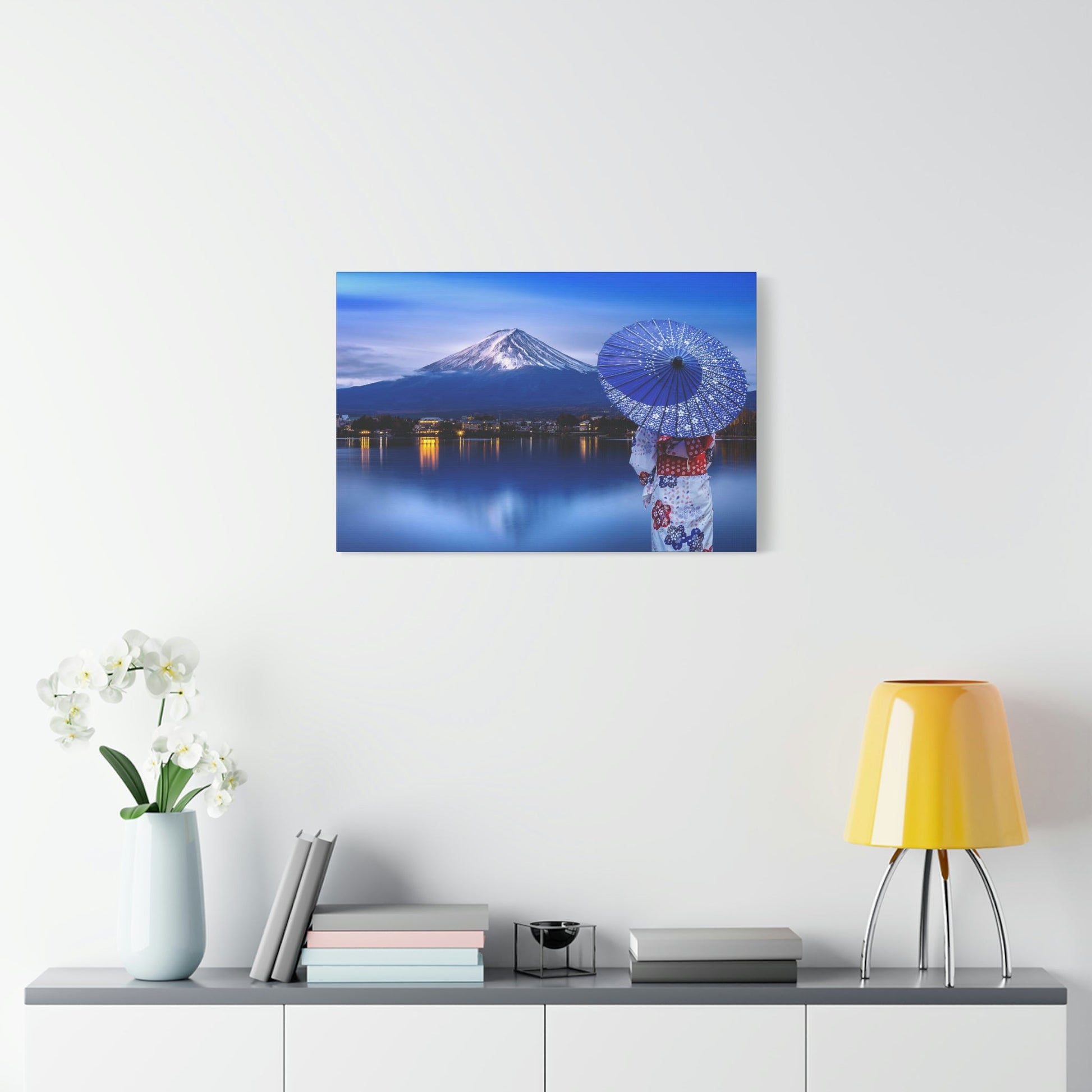 Classic Canvas - Woman wearing Japanese traditional kimono at Fuji mountain, Kawaguchiko lake in Japan - Multiple sizes - blue sides - great quality - Green Forest Home