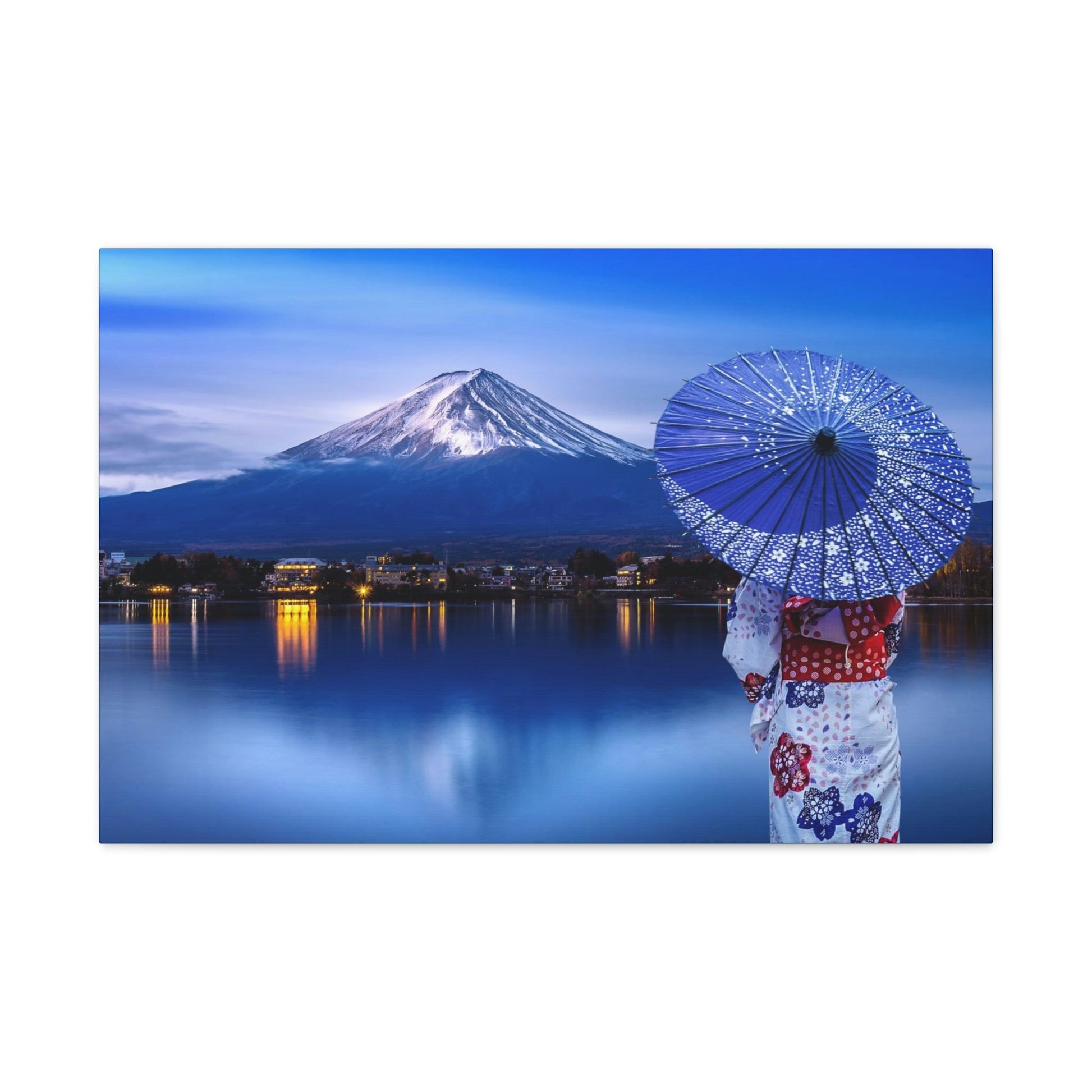 Classic Canvas - Woman wearing Japanese traditional kimono at Fuji mountain, Kawaguchiko lake in Japan - Multiple sizes - blue sides - great quality - Green Forest Home
