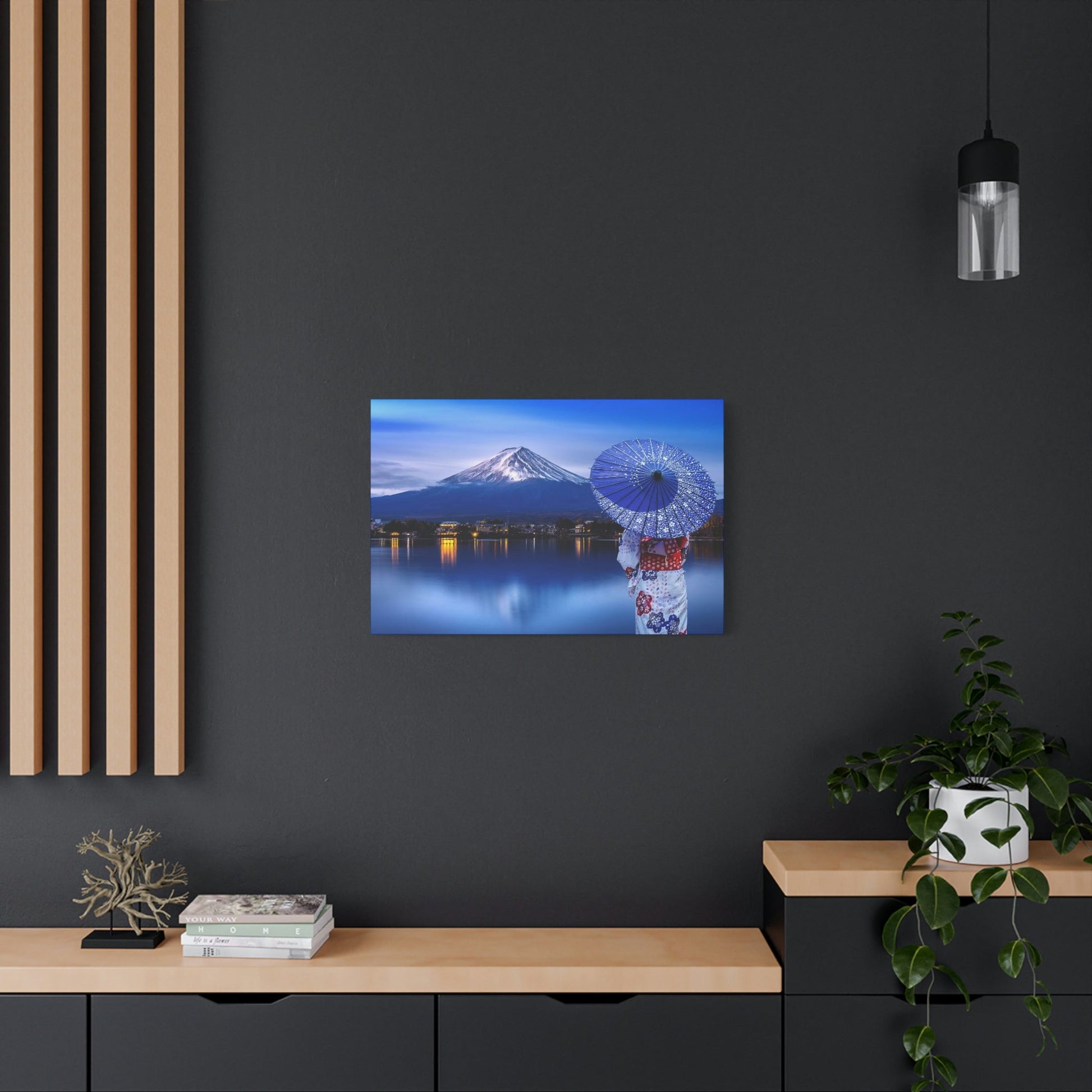 Classic Canvas - Woman wearing Japanese traditional kimono at Fuji mountain, Kawaguchiko lake in Japan - Multiple sizes - blue sides - great quality - Green Forest Home