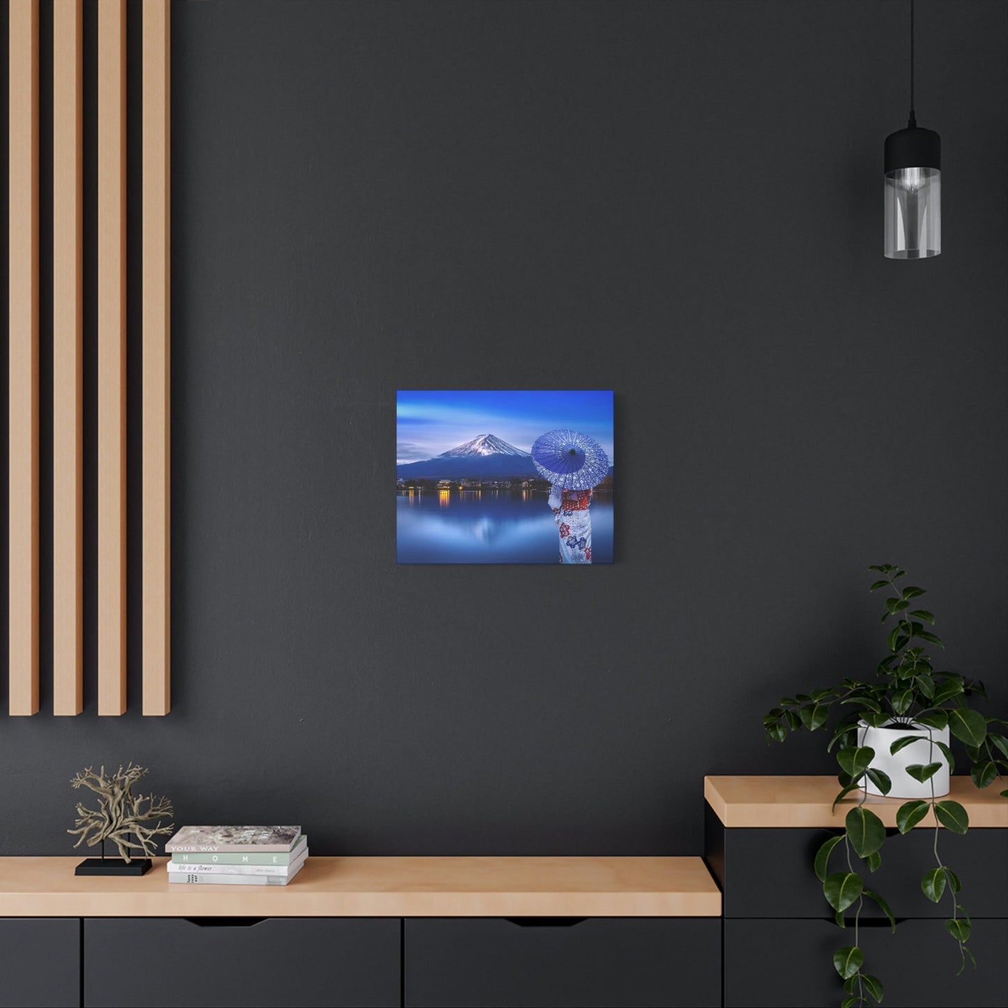 Classic Canvas - Woman wearing Japanese traditional kimono at Fuji mountain, Kawaguchiko lake in Japan - Multiple sizes - blue sides - great quality - Green Forest Home