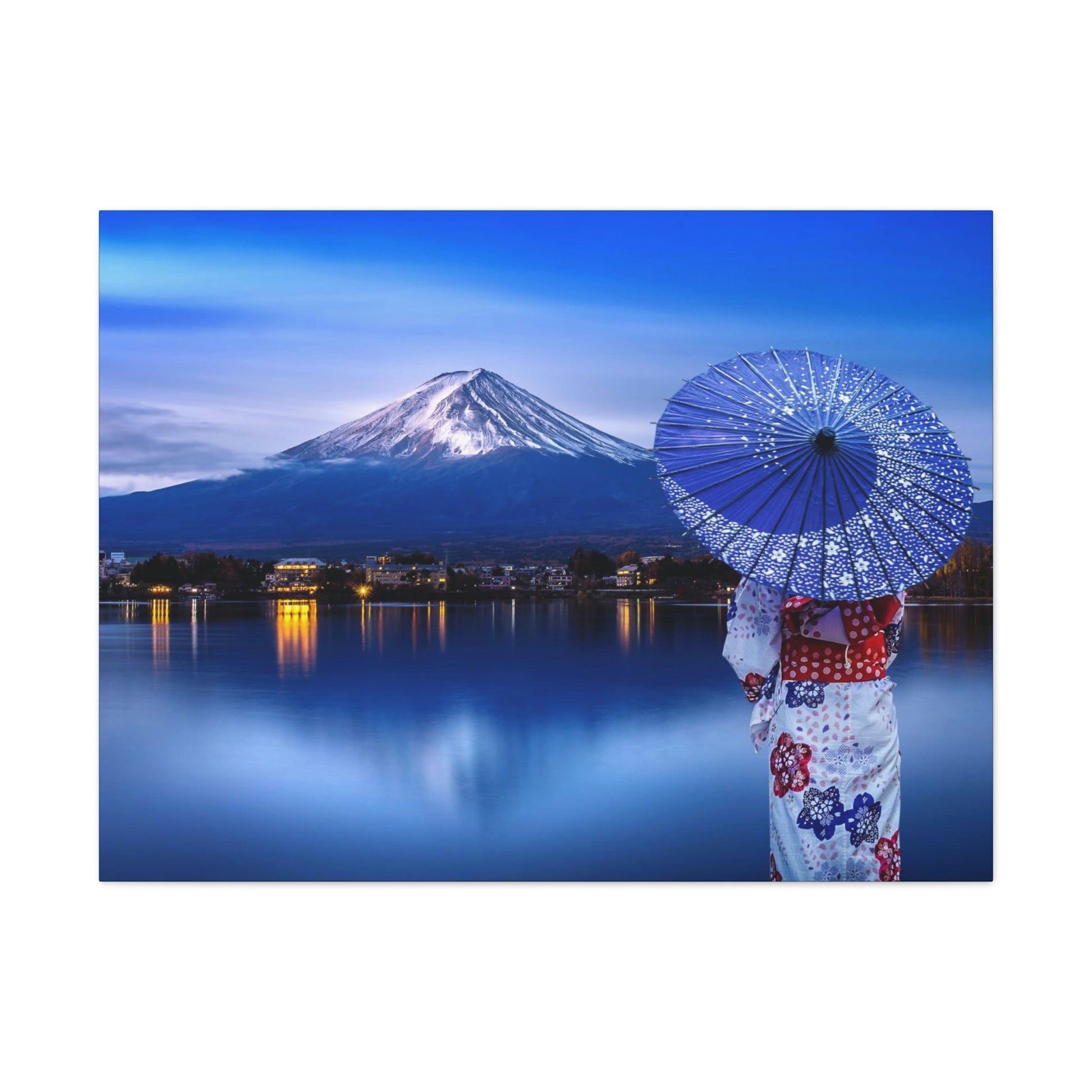 Classic Canvas - Woman wearing Japanese traditional kimono at Fuji mountain, Kawaguchiko lake in Japan - Multiple sizes - blue sides - great quality - Green Forest Home