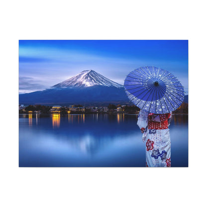 Classic Canvas - Woman wearing Japanese traditional kimono at Fuji mountain, Kawaguchiko lake in Japan - Multiple sizes - blue sides - great quality - Green Forest Home
