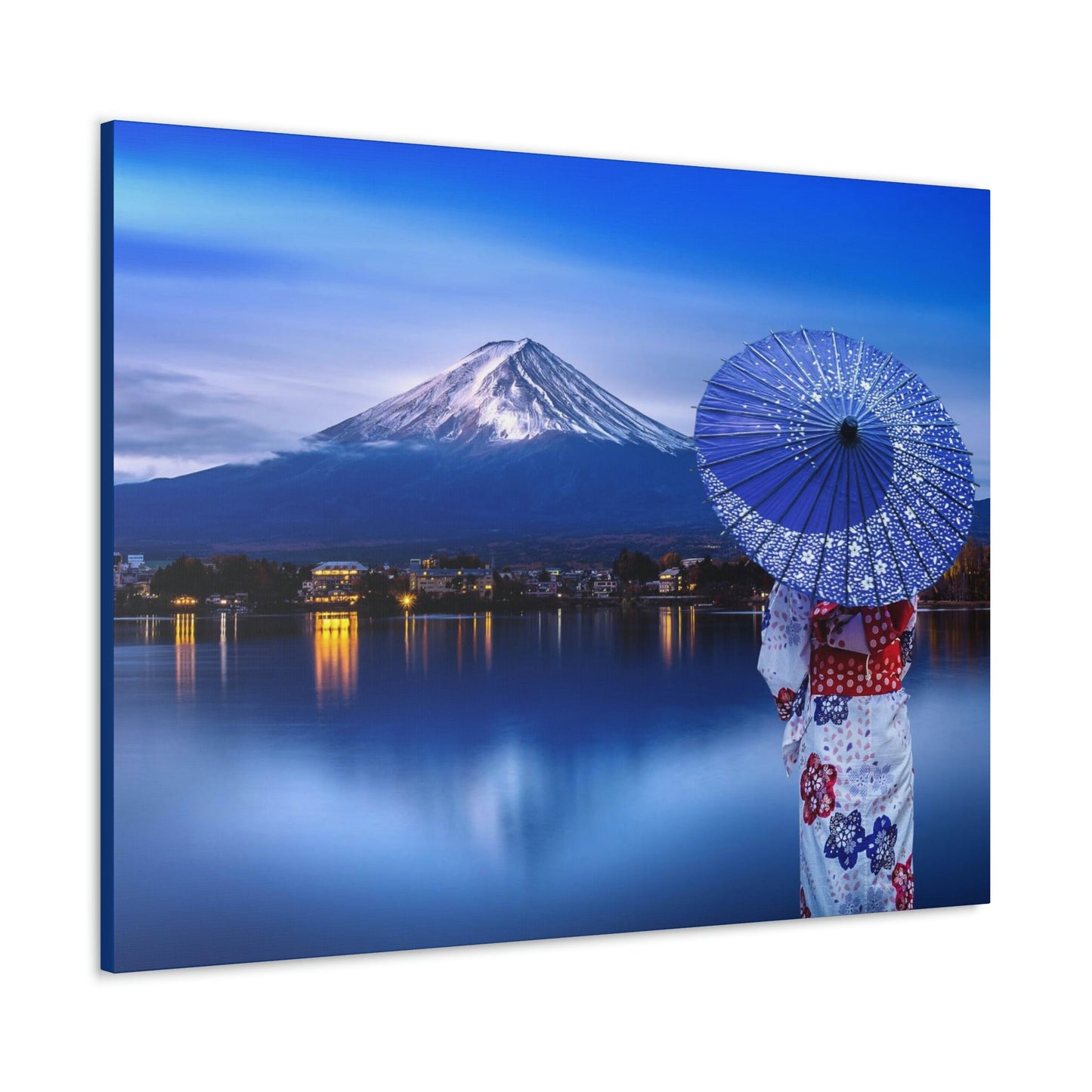 Classic Canvas - Woman wearing Japanese traditional kimono at Fuji mountain, Kawaguchiko lake in Japan - Multiple sizes - blue sides - great quality - Green Forest Home