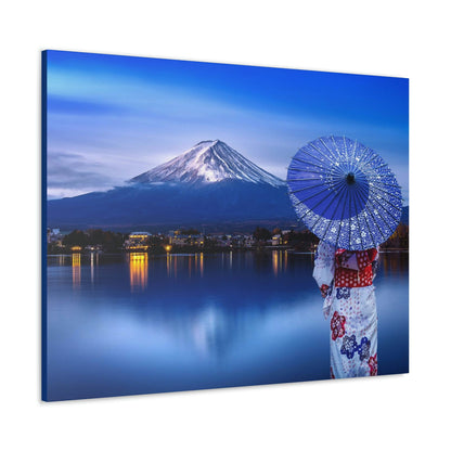 Classic Canvas - Woman wearing Japanese traditional kimono at Fuji mountain, Kawaguchiko lake in Japan - Multiple sizes - blue sides - great quality - Green Forest Home