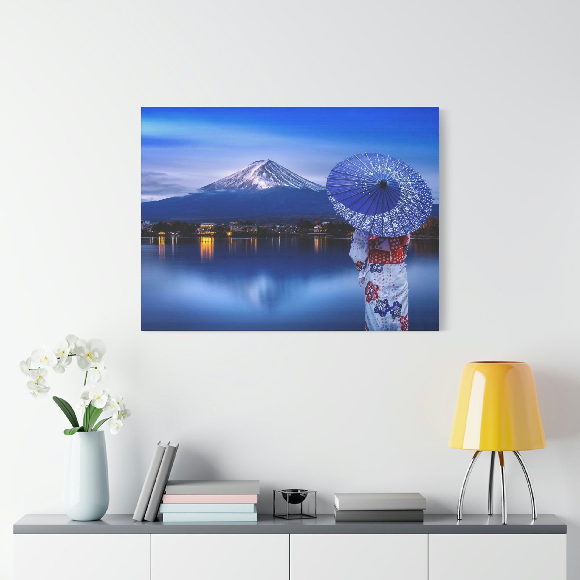 Classic Canvas - Woman wearing Japanese traditional kimono at Fuji mountain, Kawaguchiko lake in Japan - Multiple sizes - blue sides - great quality - Green Forest Home